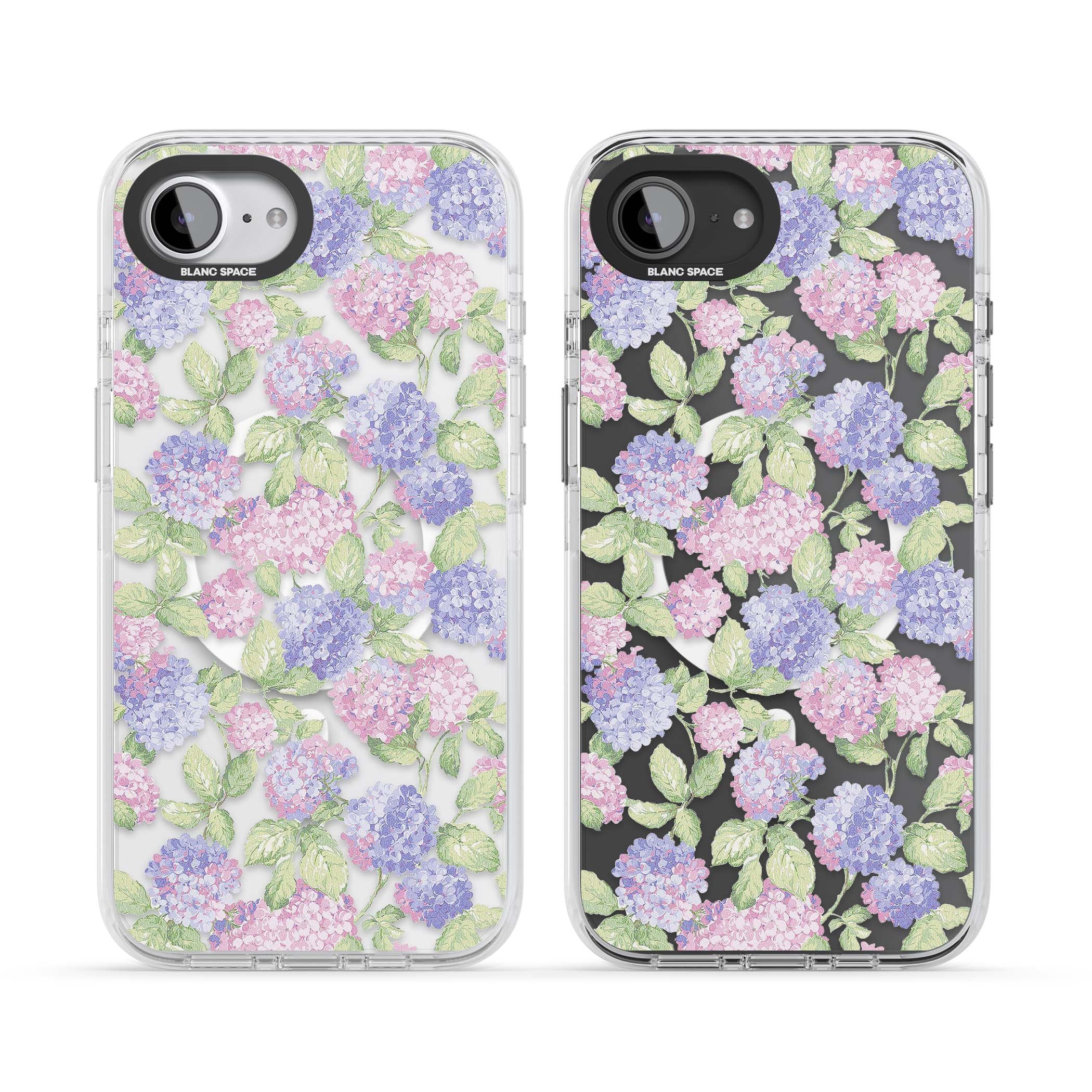 Cottage Hydrangea cottagecore iPhone case featuring pink and purple hydrangea blooms with green leaves on a clear background | Impact Magsafe case for iPhone 16e, iPhone 17e