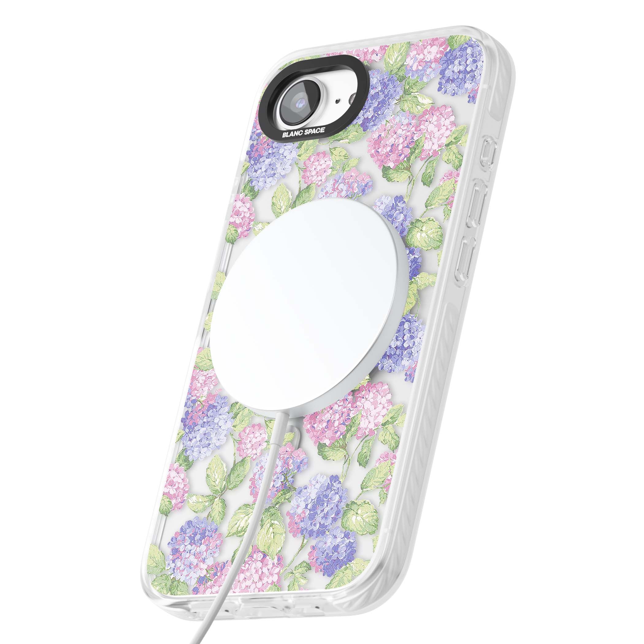 Cottage Hydrangea cottagecore iPhone case featuring pink and purple hydrangea blooms with green leaves on a clear background | Impact Magsafe case for iPhone 16e, iPhone 17e