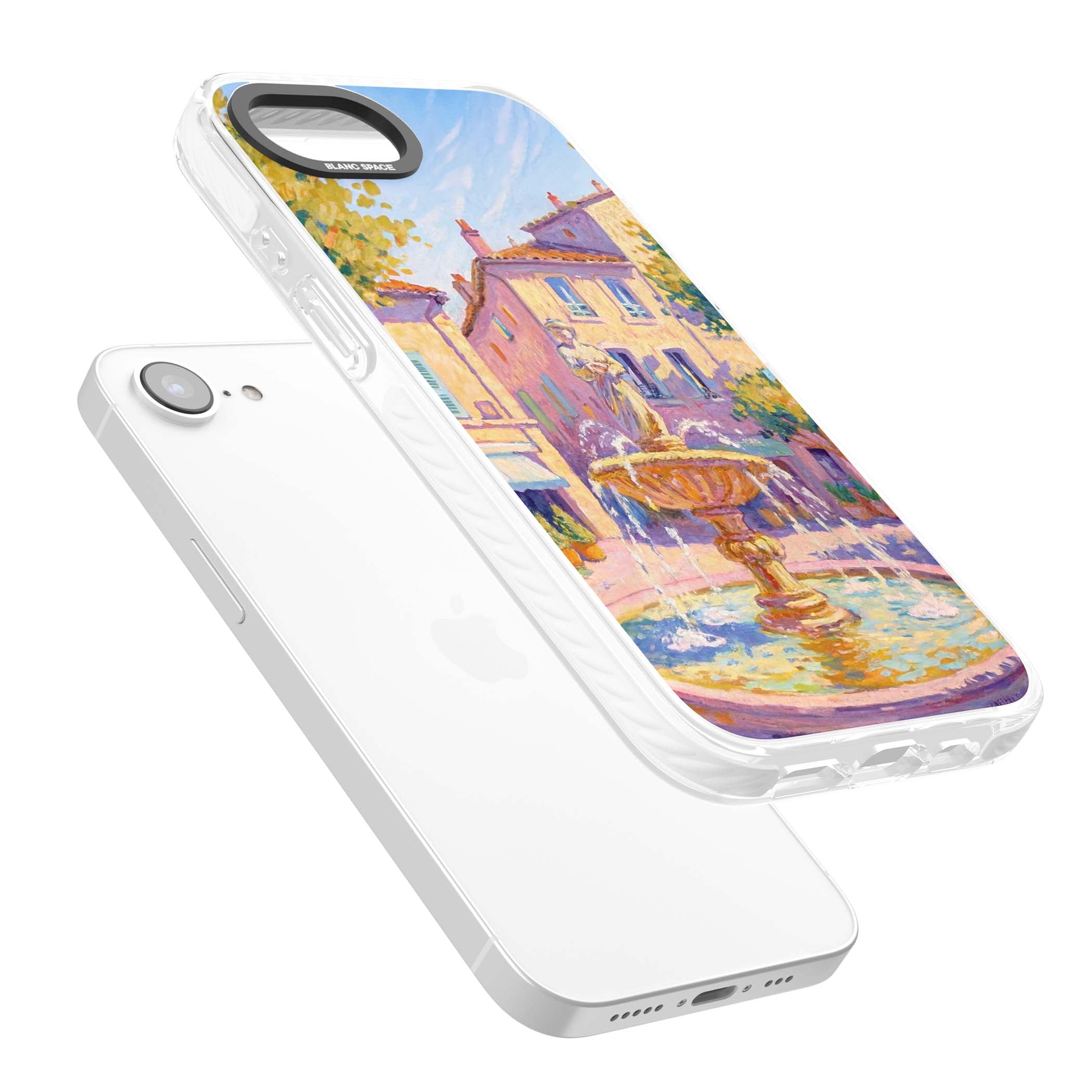 Fountain Square fine art iPhone case featuring an impressionist Provençal fountain, pastel village buildings and summe | Impact Magsafe case for iPhone 16e, iPhone 17e