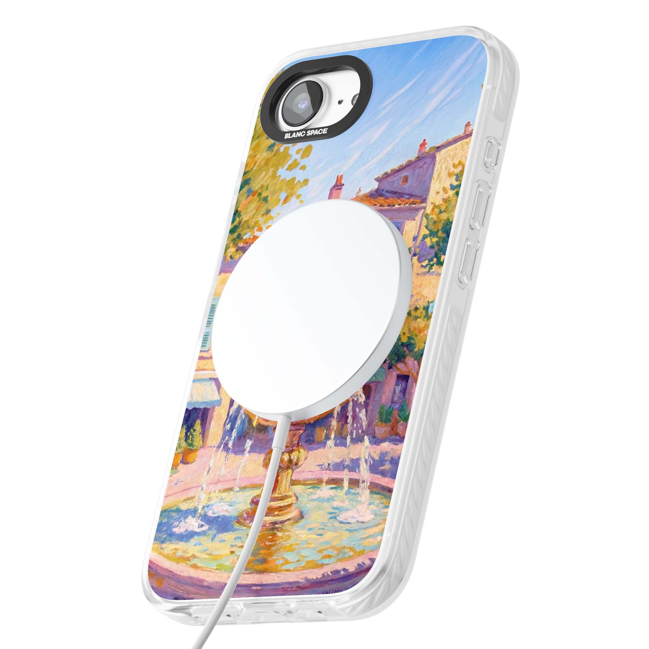 Fountain Square fine art iPhone case featuring an impressionist Provençal fountain, pastel village buildings and summe | Impact Magsafe case for iPhone 16e, iPhone 17e