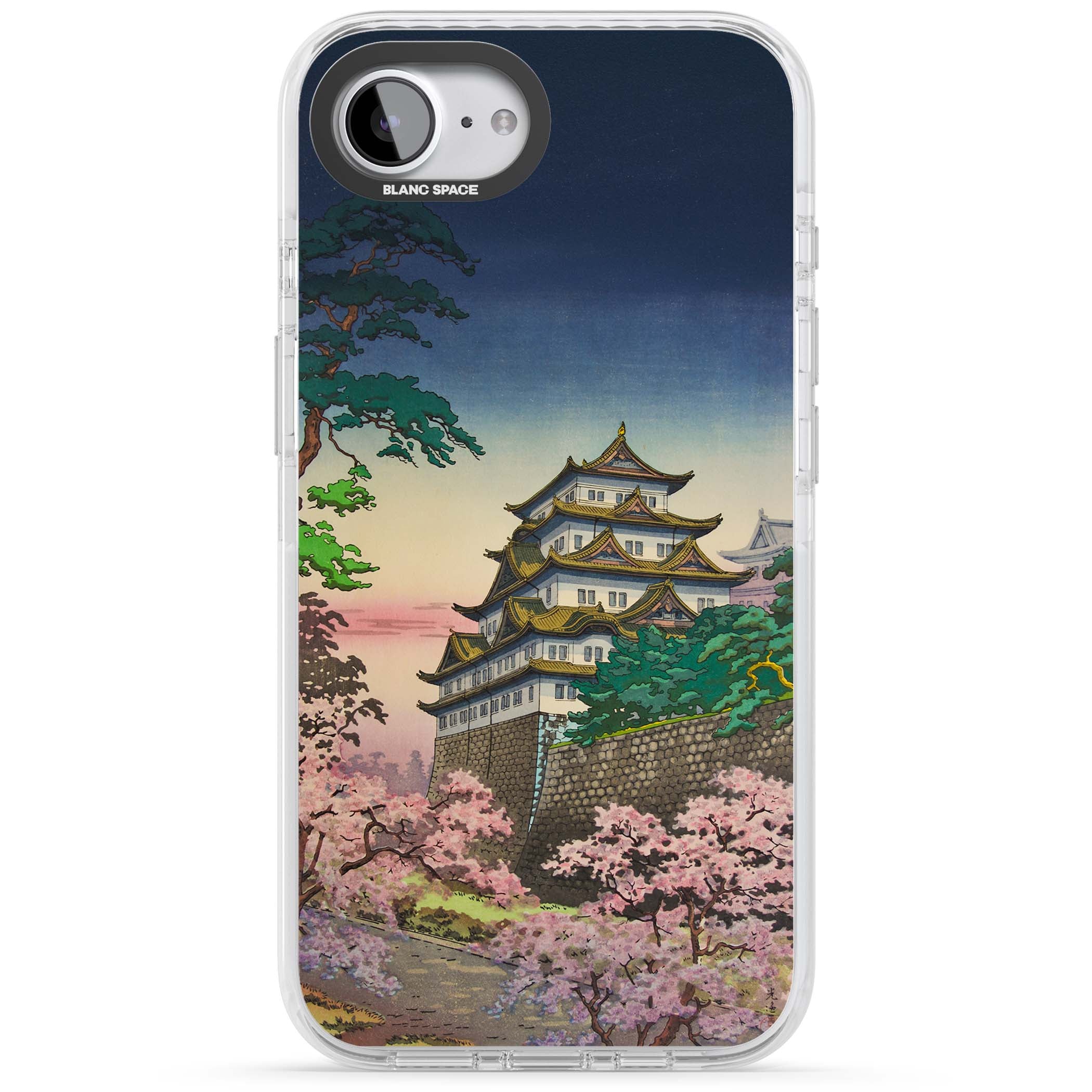 Nagoya Castle Japanese iPhone case featuring a vintage pagoda, twilight sky and cherry blossom trees | Impact Magsafe case for iPhone 16e, iPhone 17e