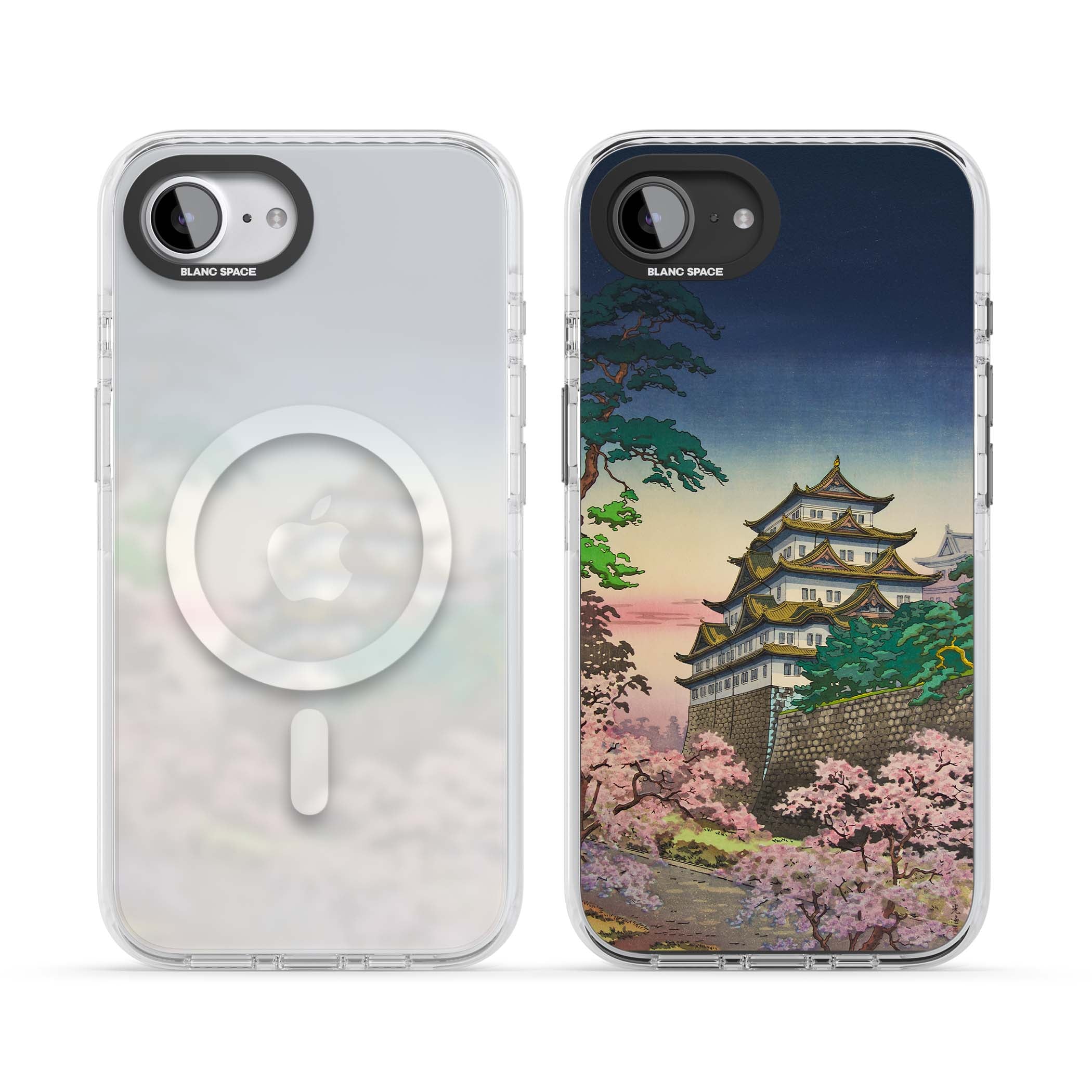 Nagoya Castle Japanese iPhone case featuring a vintage pagoda, twilight sky and cherry blossom trees | Impact Magsafe case for iPhone 16e, iPhone 17e