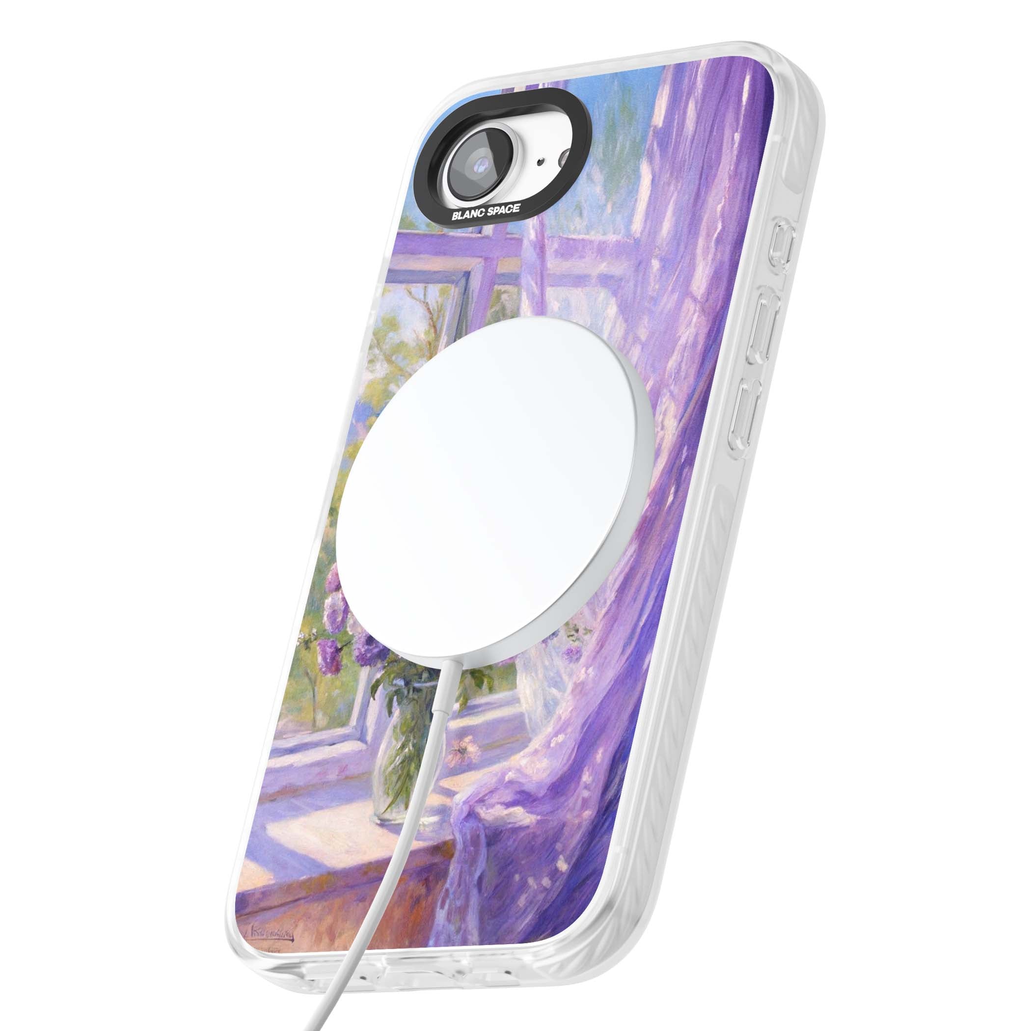 A Provence Morning impressionist art iPhone case featuring a vase of purple flowers, sunlit window and sheer curt | Impact Magsafe case for iPhone 16e, iPhone 17e