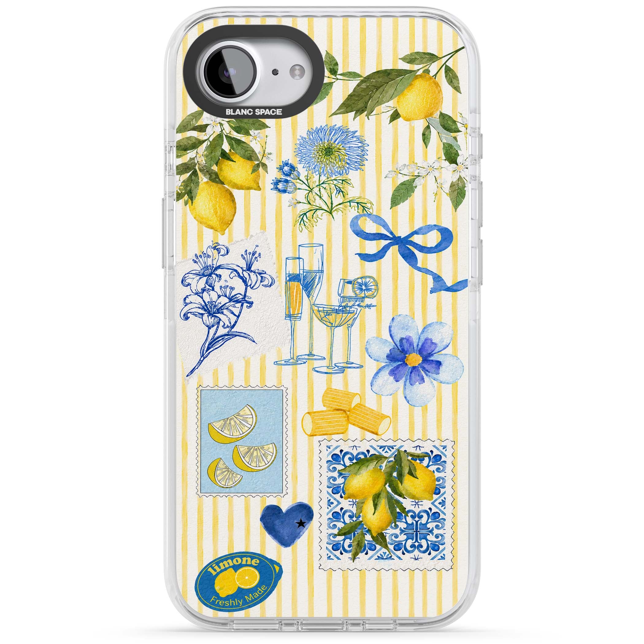 Limone Riviera Italian summer iPhone case featuring watercolour lemons, blue ribbon bows and majolica tile stamps on... | Impact Magsafe case for iPhone 16e, iPhone 17e