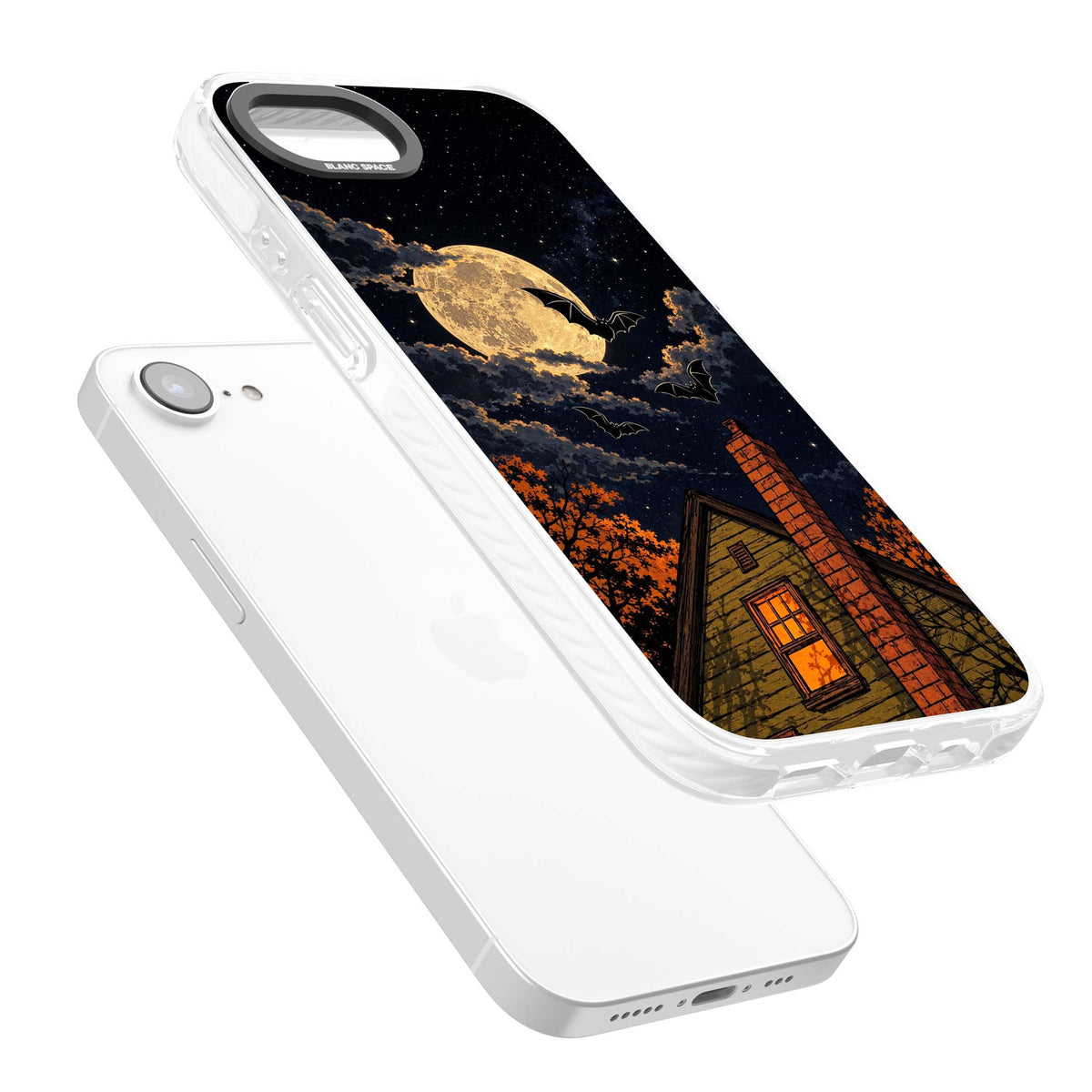 Hollows Eve Halloween iPhone case featuring a haunted house, full moon and flying bats against a starry autumn sky | Impact Magsafe case for iPhone 16e, iPhone 17e