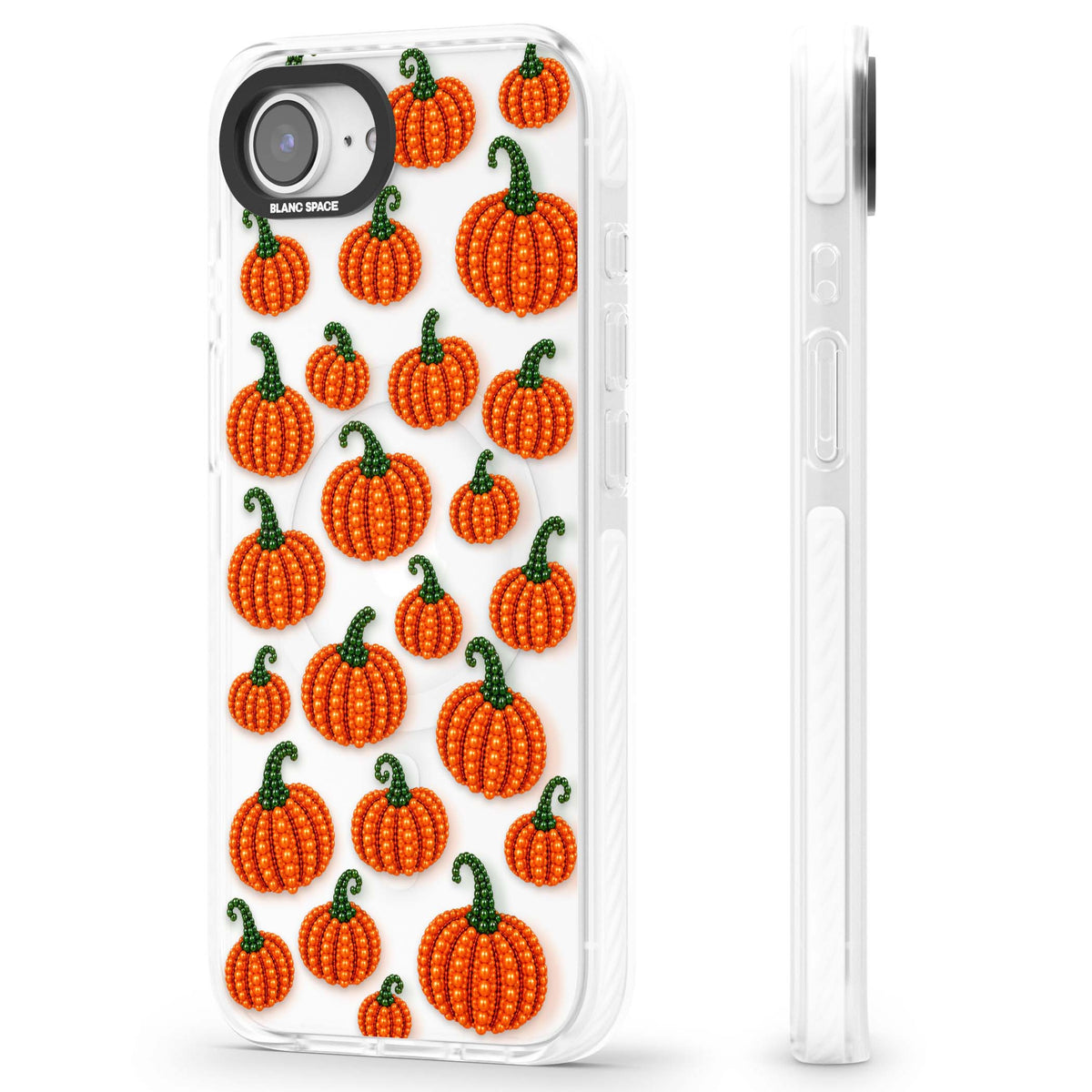 Beaded Pumpkins halloween iPhone case featuring beaded orange pumpkins with green stems on a clear background | Impact Magsafe case for iPhone 16e, iPhone 17e