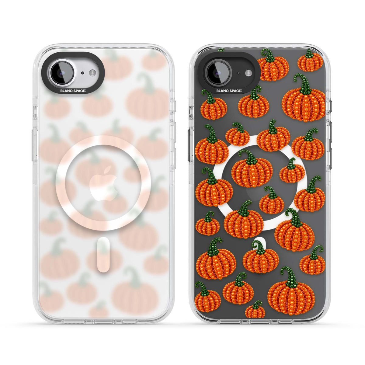 Beaded Pumpkins halloween iPhone case featuring beaded orange pumpkins with green stems on a clear background | Impact Magsafe case for iPhone 16e, iPhone 17e