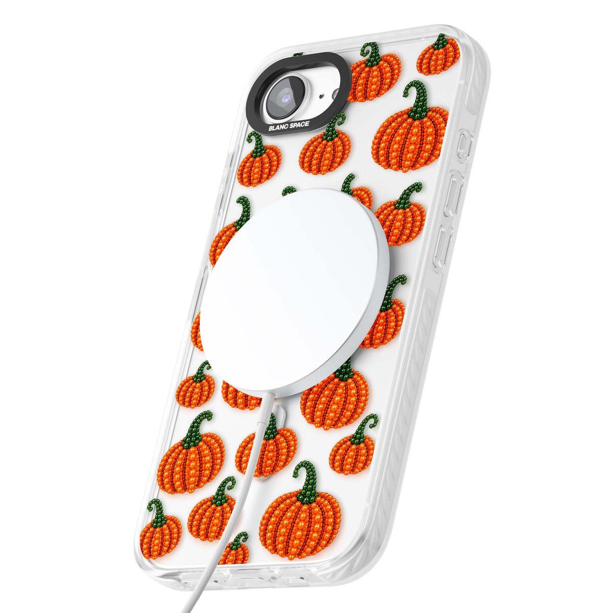 Beaded Pumpkins halloween iPhone case featuring beaded orange pumpkins with green stems on a clear background | Impact Magsafe case for iPhone 16e, iPhone 17e