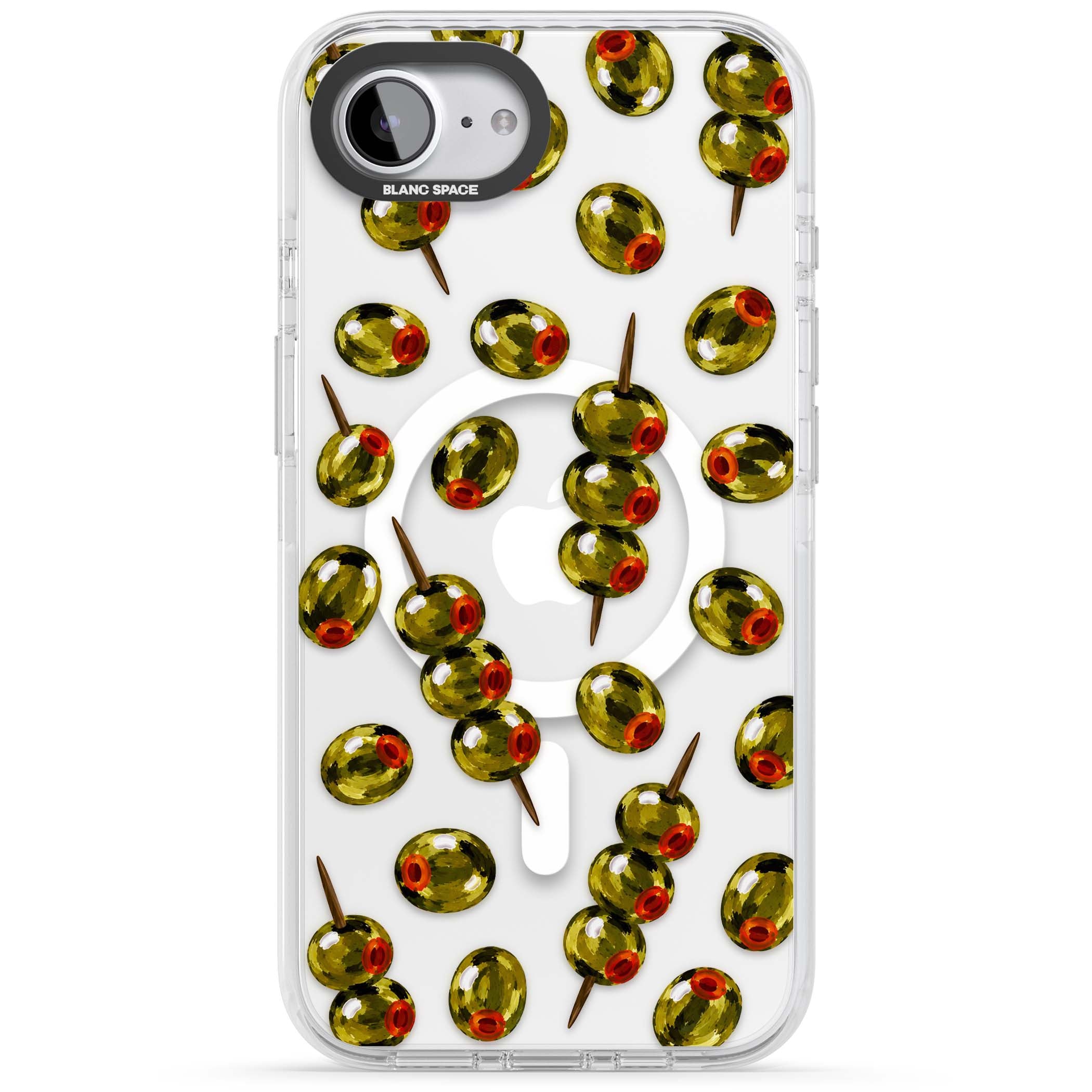 Painted Olives cocktail iPhone case featuring green olives, pimento centres and toothpick skewers on a clear background | Impact Magsafe case for iPhone 16e, iPhone 17e