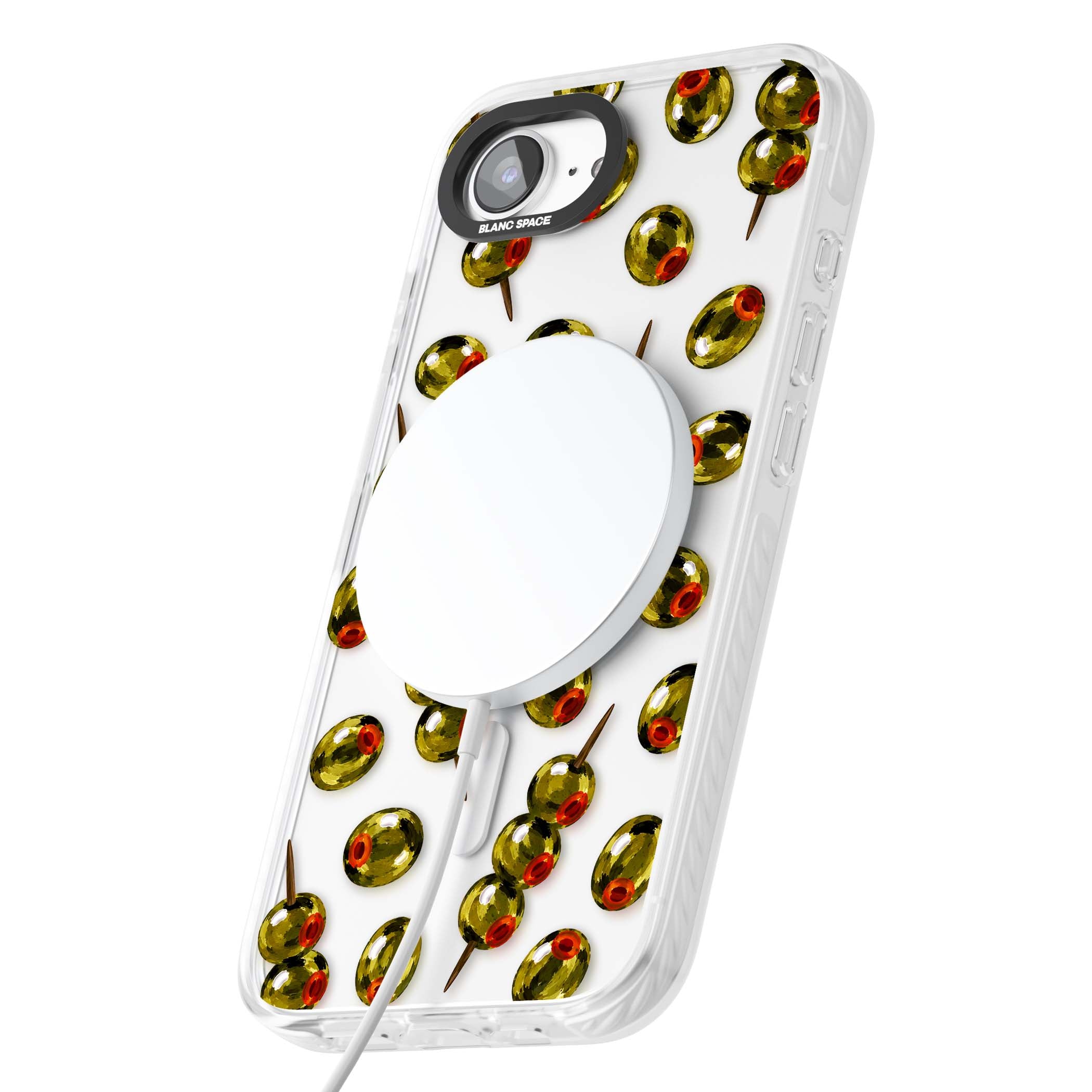 Painted Olives cocktail iPhone case featuring green olives, pimento centres and toothpick skewers on a clear background | Impact Magsafe case for iPhone 16e, iPhone 17e