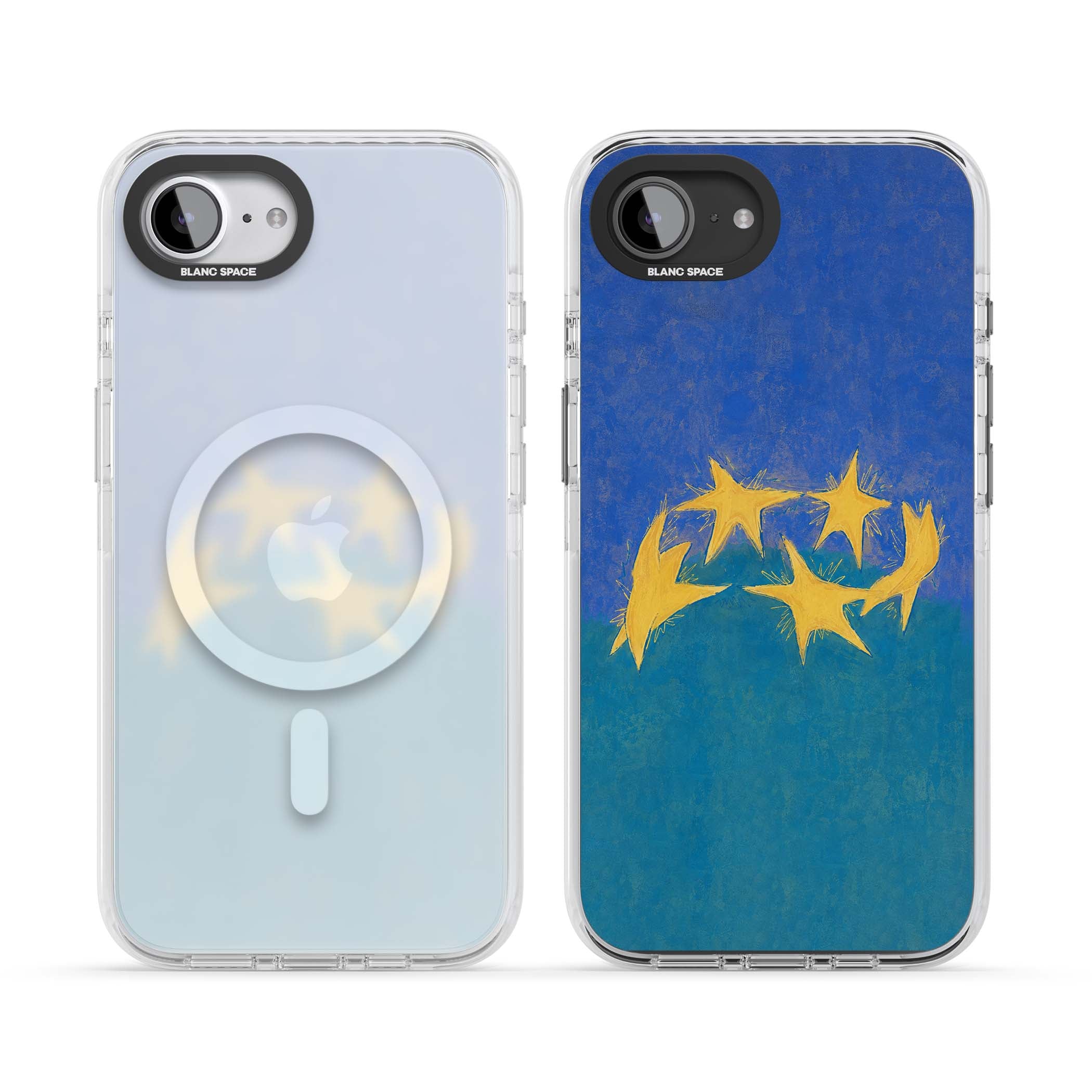 Star Boogie stars aesthetic iPhone case featuring five yellow hand-painted stars on cobalt blue and teal | Impact Magsafe case for iPhone 16e, iPhone 17e