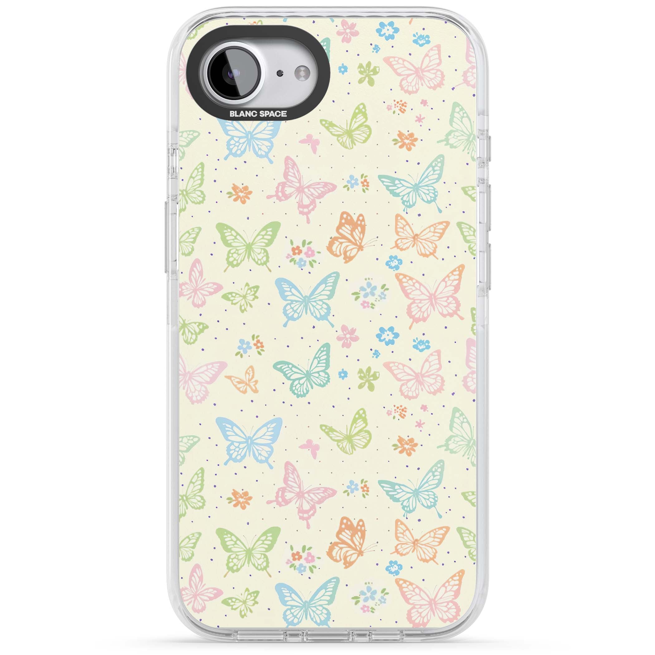 Sugar Wings cottagecore iPhone case featuring rainbow pastel butterflies, tiny wildflowers, and a cream background | Impact Magsafe case for iPhone 16e, iPhone 17e