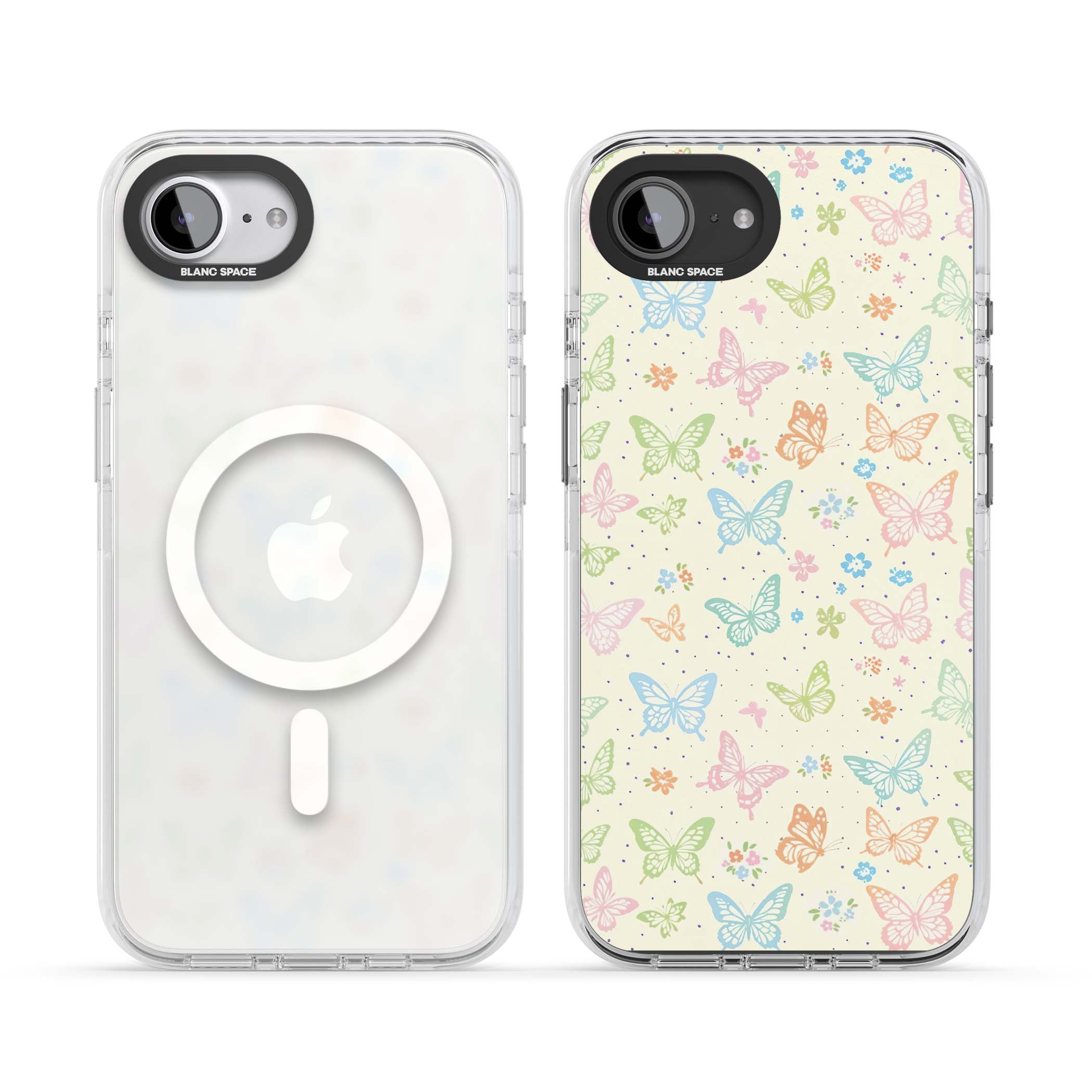 Sugar Wings cottagecore iPhone case featuring rainbow pastel butterflies, tiny wildflowers, and a cream background | Impact Magsafe case for iPhone 16e, iPhone 17e