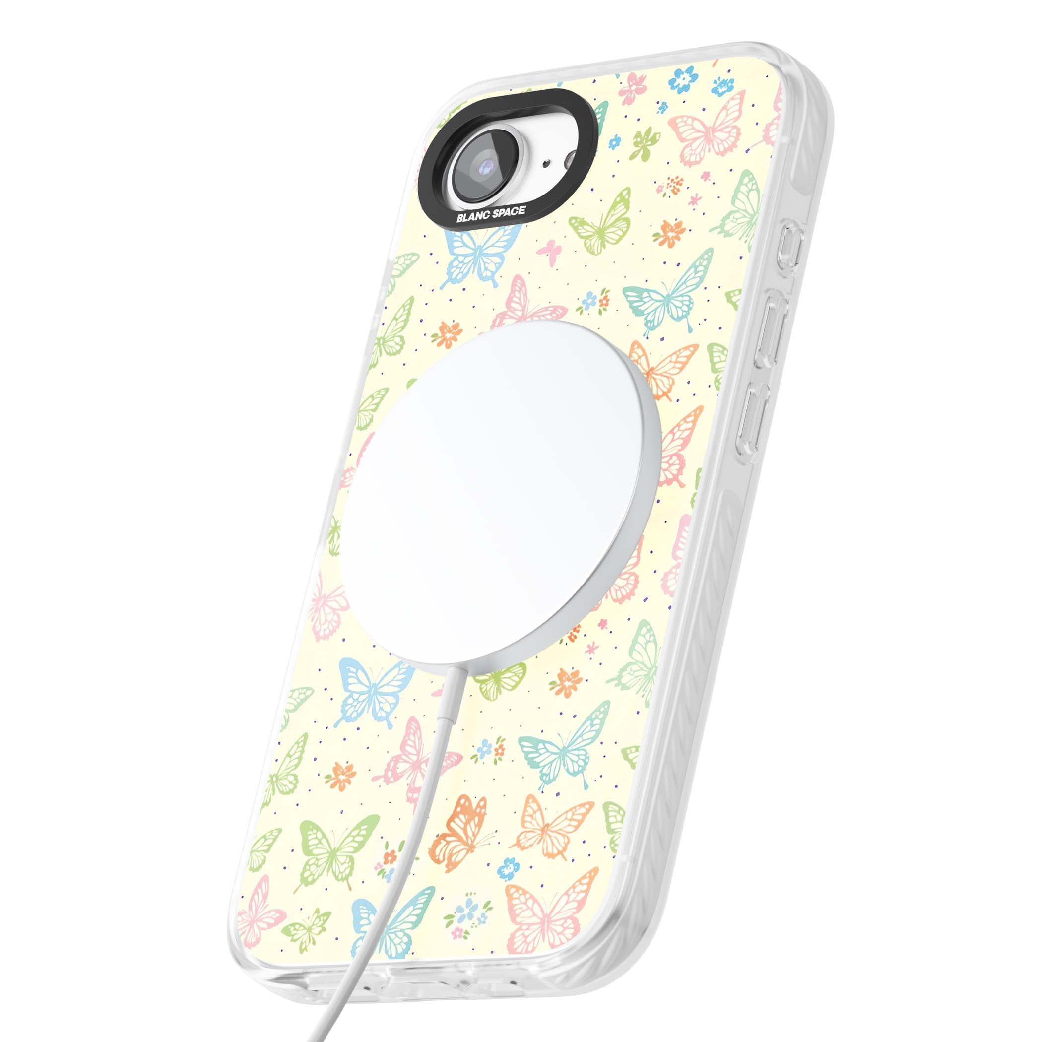Sugar Wings cottagecore iPhone case featuring rainbow pastel butterflies, tiny wildflowers, and a cream background | Impact Magsafe case for iPhone 16e, iPhone 17e