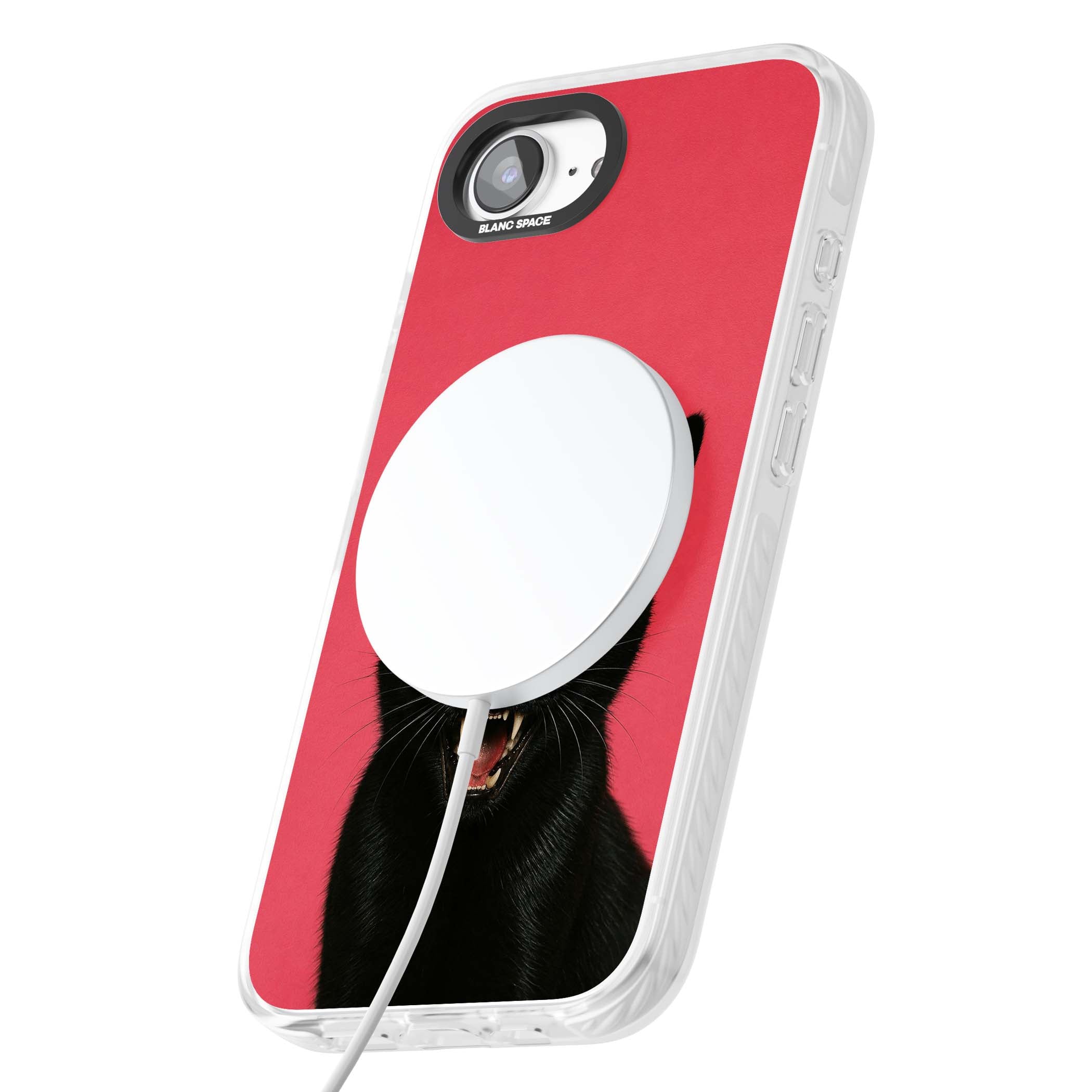 Hissin' Baddie black cat iPhone case featuring a hissing feline with green eyes on a hot pink background | Impact Magsafe case for iPhone 16e, iPhone 17e