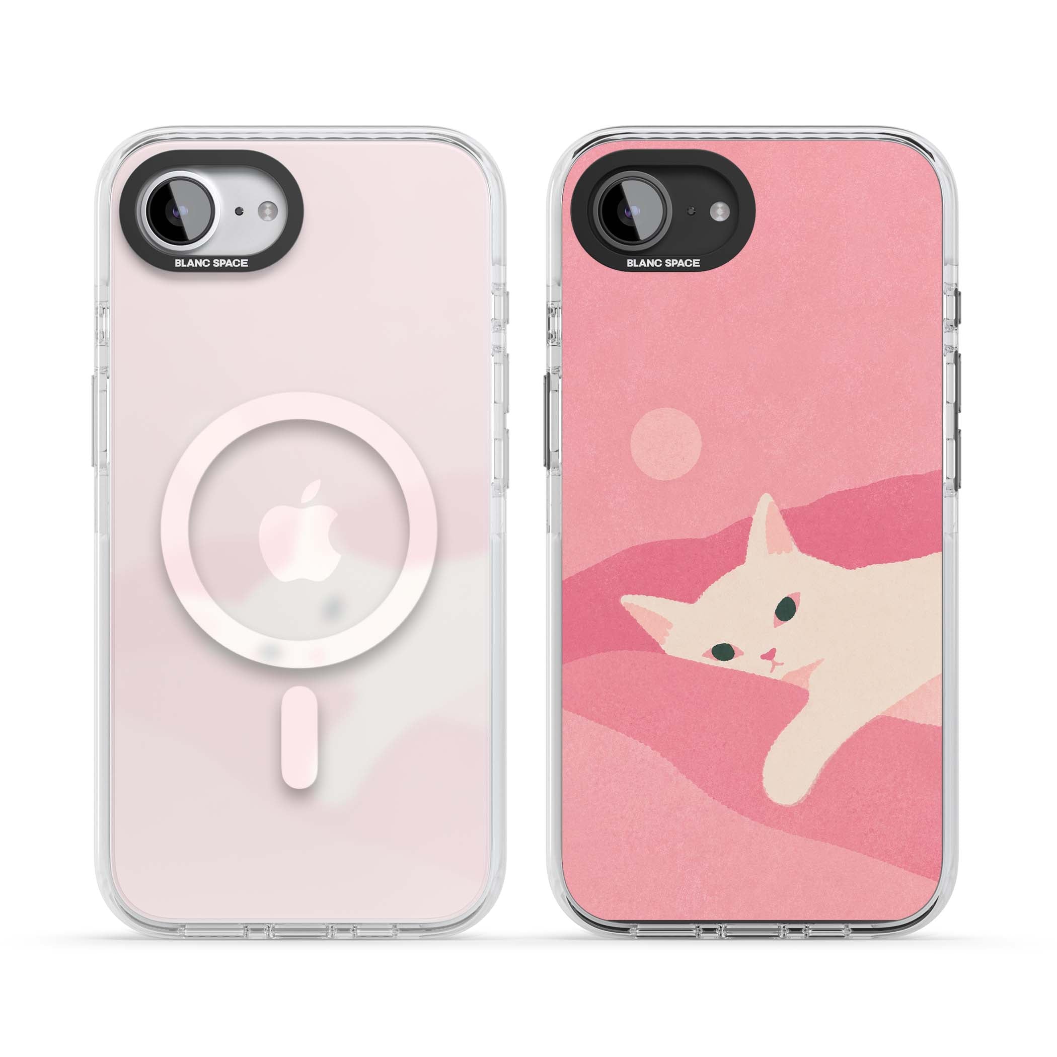Pink Dreams cute cat iPhone case featuring a white kitten, soft pink hills and a pale pastel sun | Impact Magsafe case for iPhone 16e, iPhone 17e