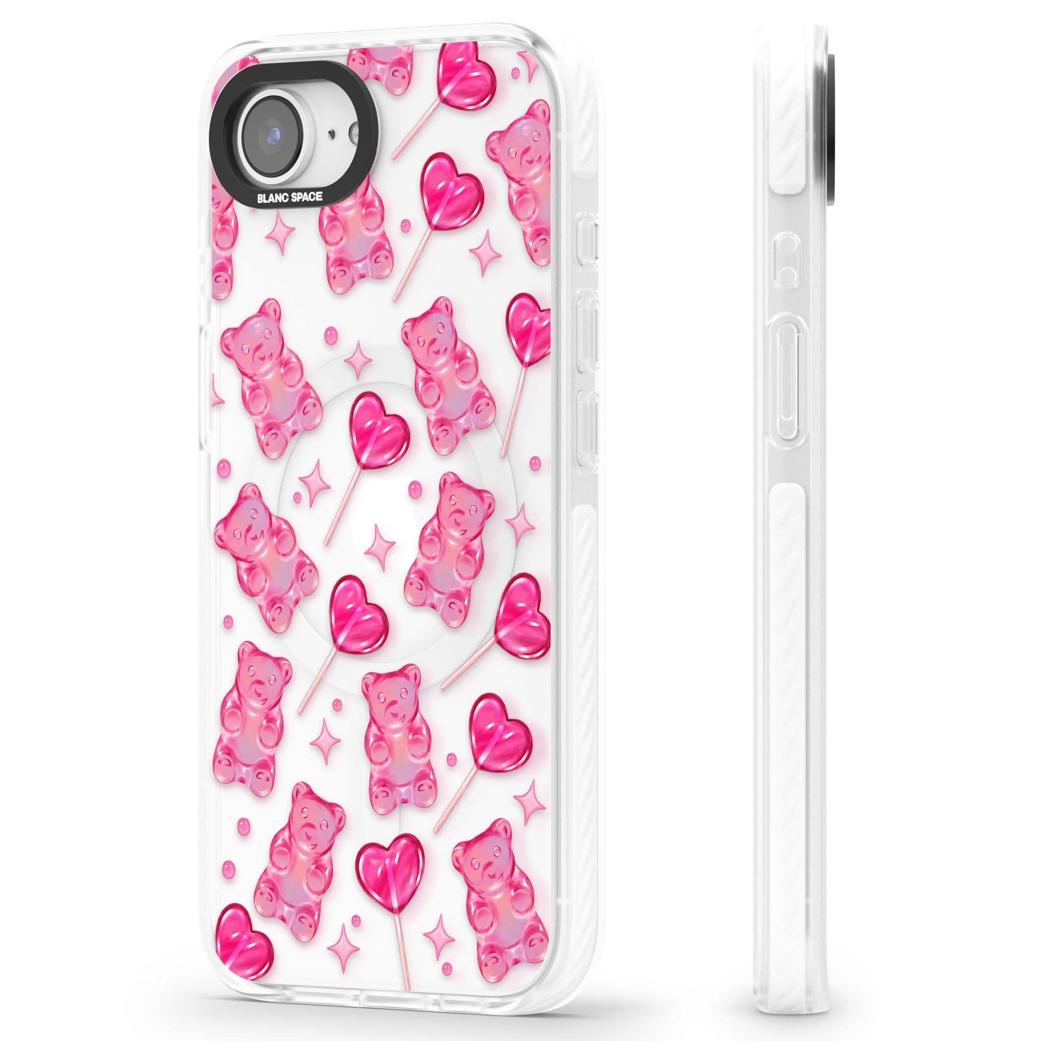 Pink Sugar pinkcore iPhone case featuring pink gummy bears, heart-shaped lollipops and sparkle stars | Impact Magsafe case for iPhone 16e, iPhone 17e