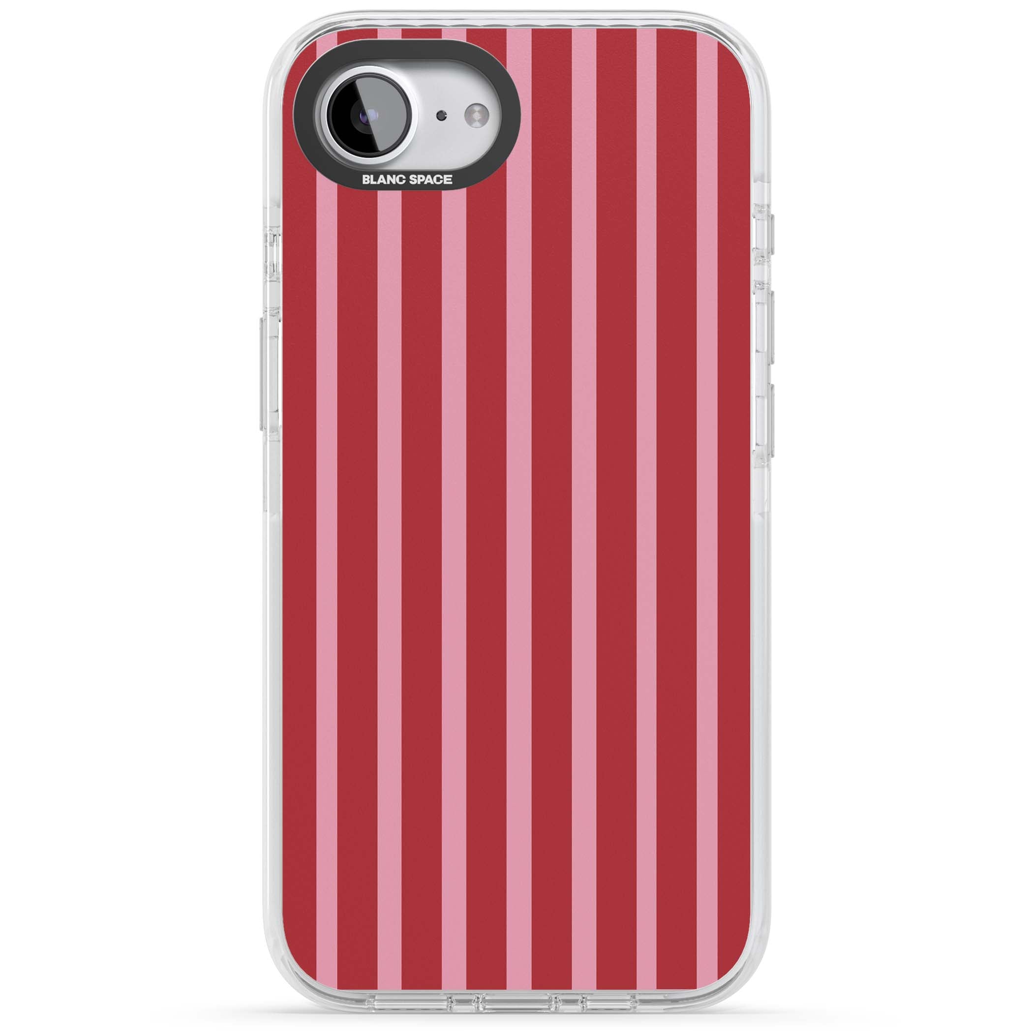 Raspberry Stripe coquette iPhone case featuring red and pink vertical stripes in a candy-inspired pattern | Impact Magsafe case for iPhone 16e, iPhone 17e