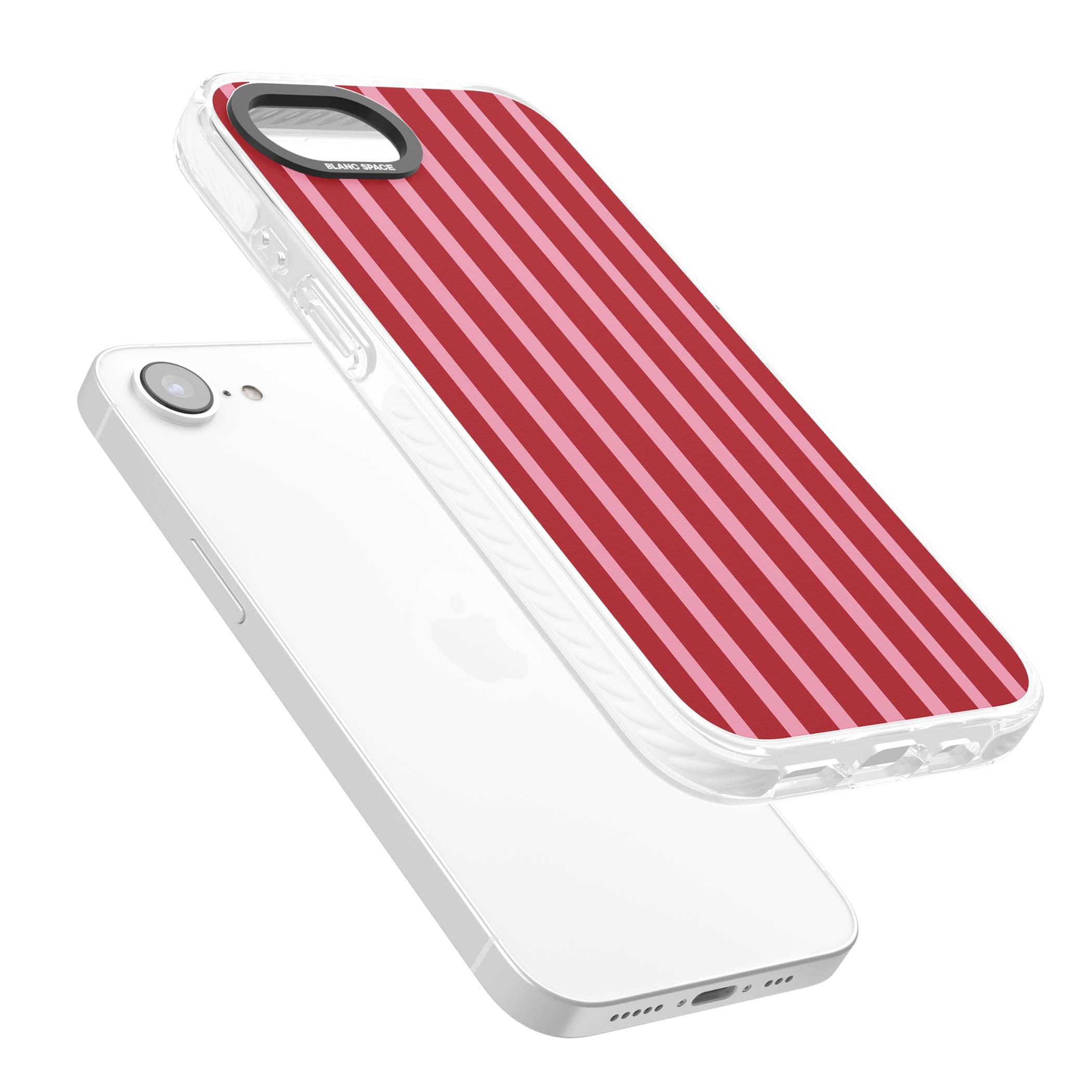 Raspberry Stripe coquette iPhone case featuring red and pink vertical stripes in a candy-inspired pattern | Impact Magsafe case for iPhone 16e, iPhone 17e