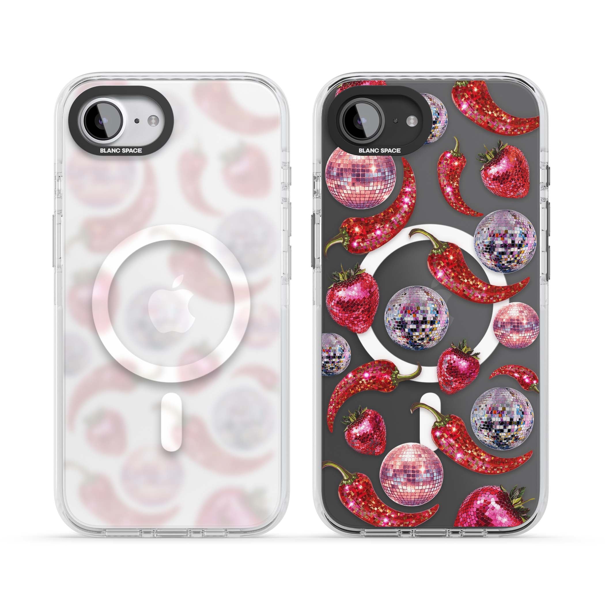 Spicy Disco Y2K iPhone case featuring glitter disco balls, sparkly strawberries and red chilli peppers | Impact Magsafe case for iPhone 16e, iPhone 17e