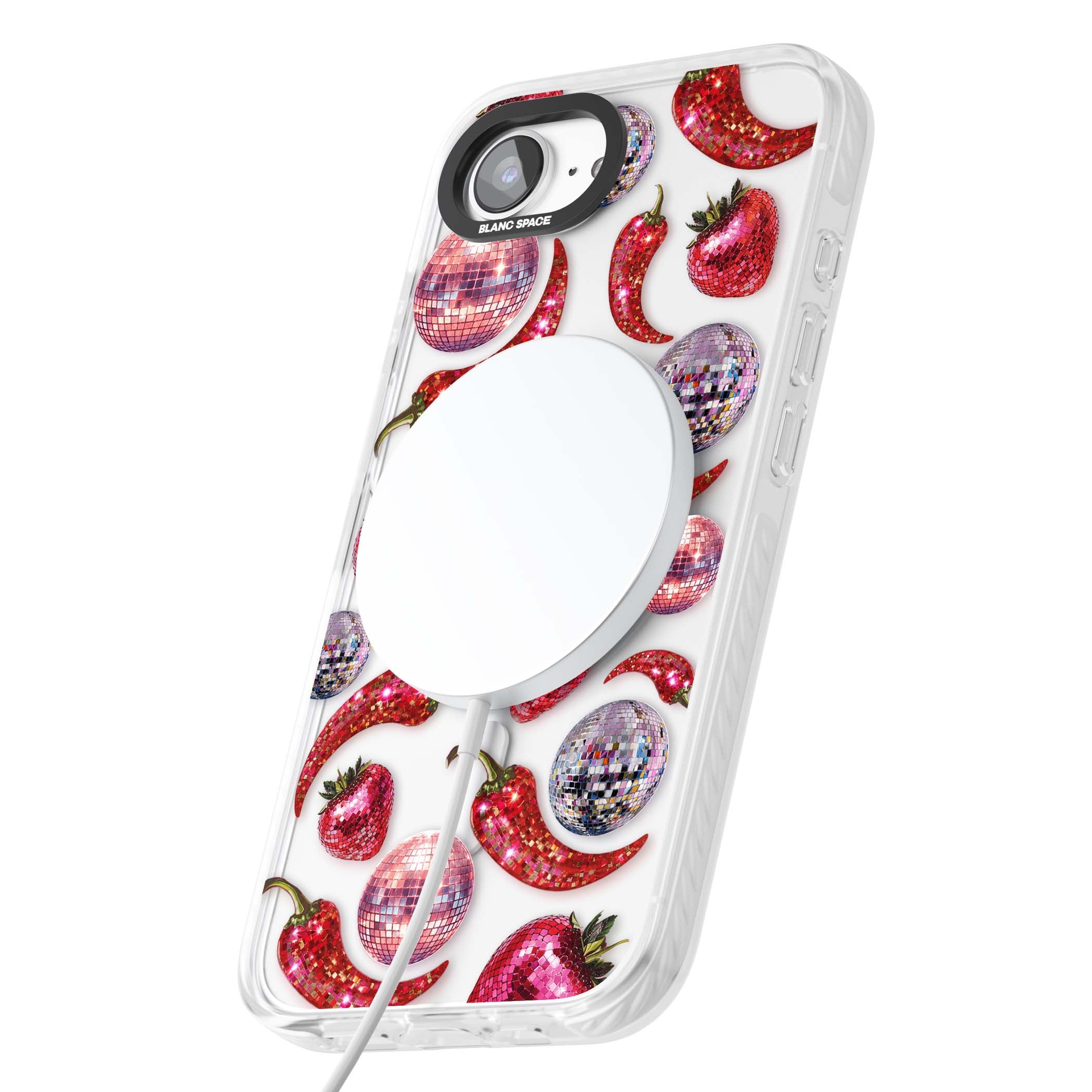 Spicy Disco Y2K iPhone case featuring glitter disco balls, sparkly strawberries and red chilli peppers | Impact Magsafe case for iPhone 16e, iPhone 17e