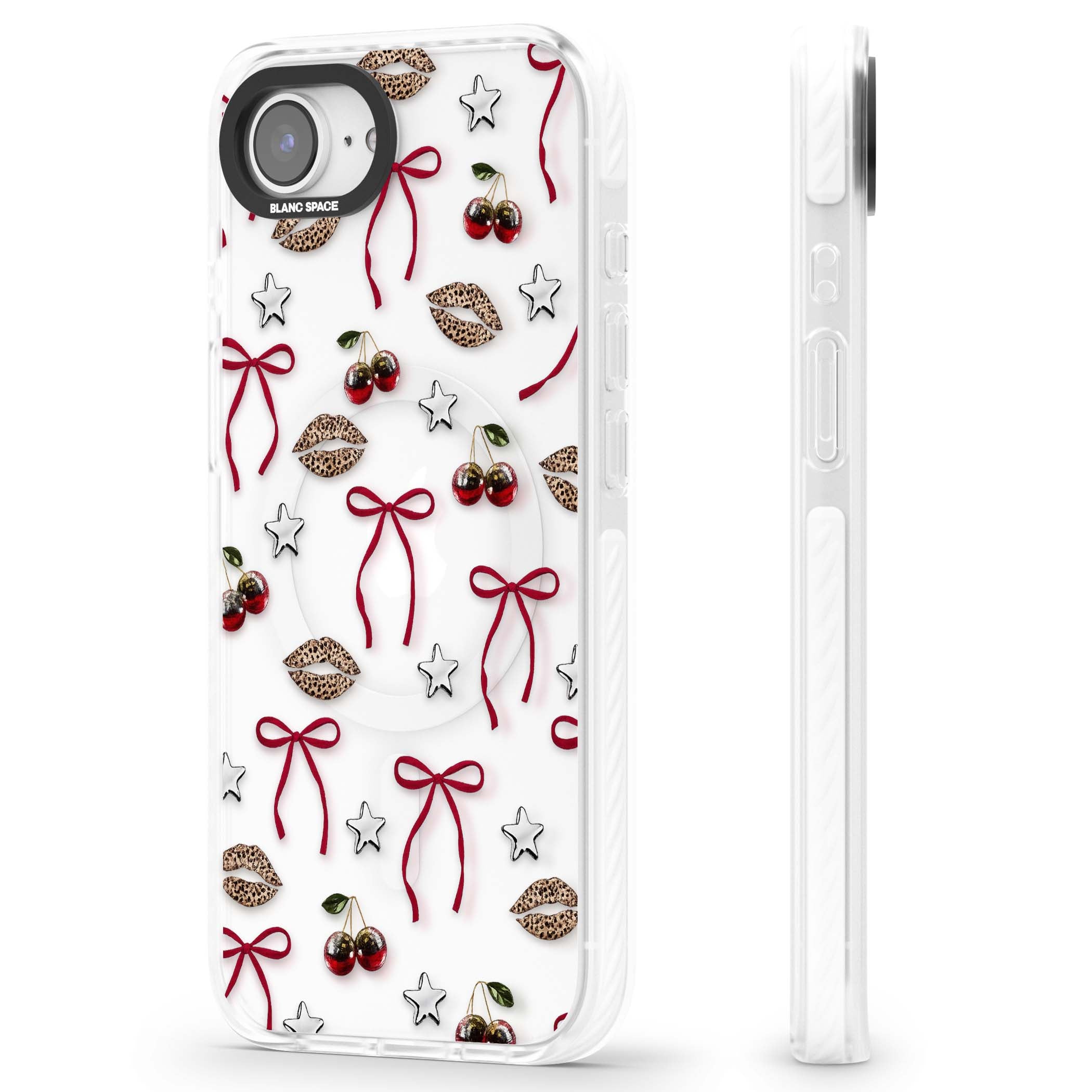 Starlet coquette iPhone case featuring red ribbon bows, disco cherries and leopard-print lips | Impact Magsafe case for iPhone 16e, iPhone 17e