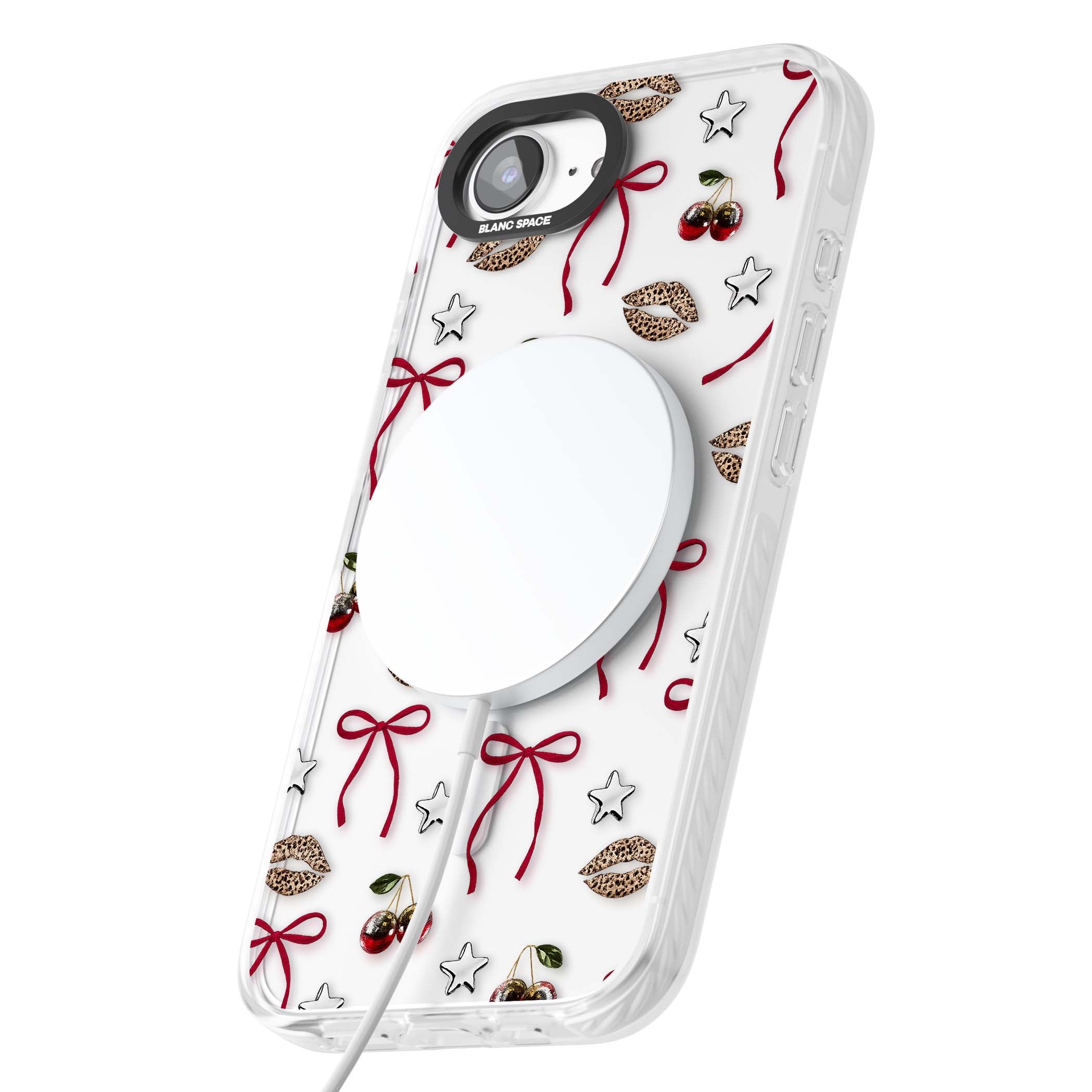 Starlet coquette iPhone case featuring red ribbon bows, disco cherries and leopard-print lips | Impact Magsafe case for iPhone 16e, iPhone 17e
