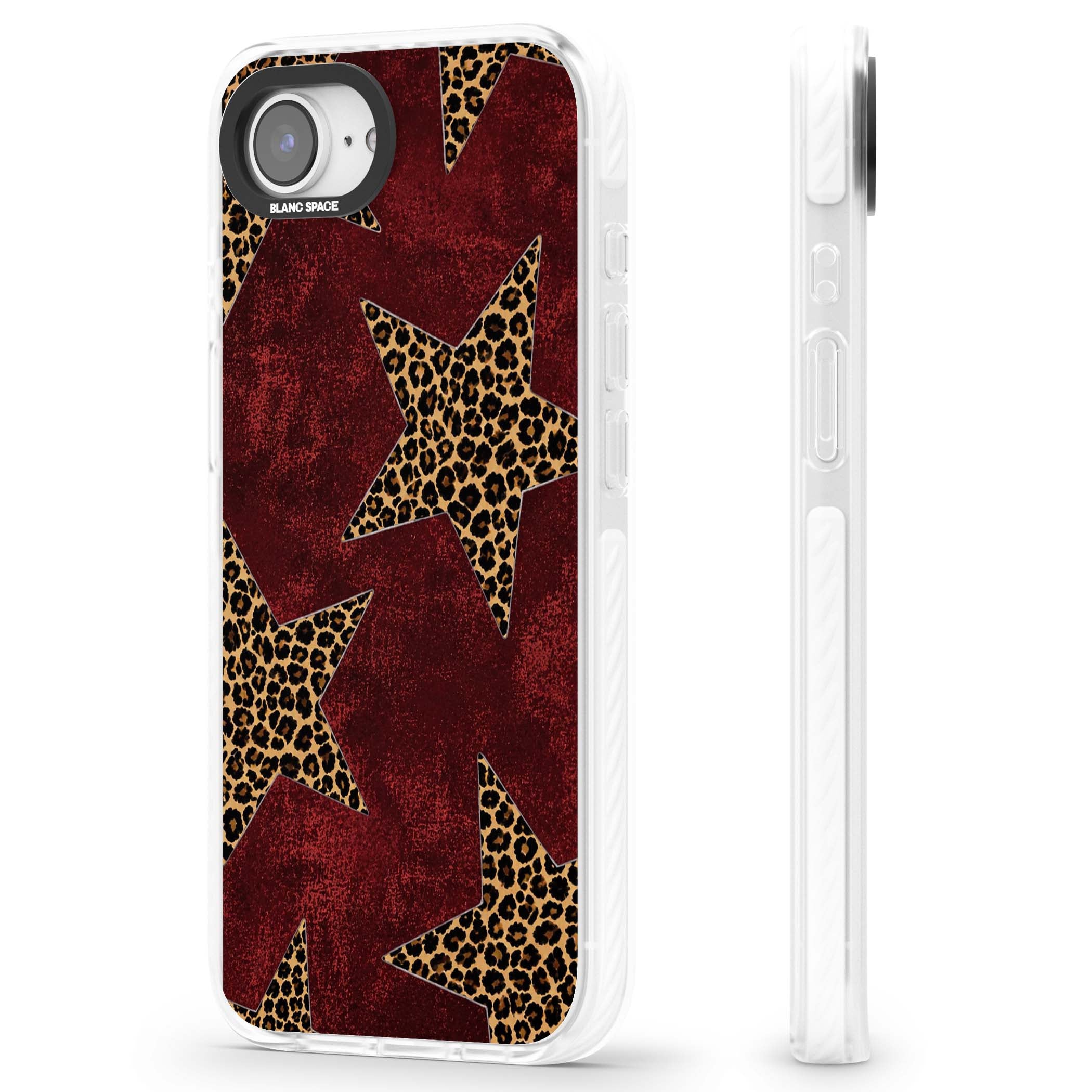 Showgirl leopard print iPhone case featuring cheetah print stars on distressed red grunge background | Impact Magsafe case for iPhone 16e, iPhone 17e