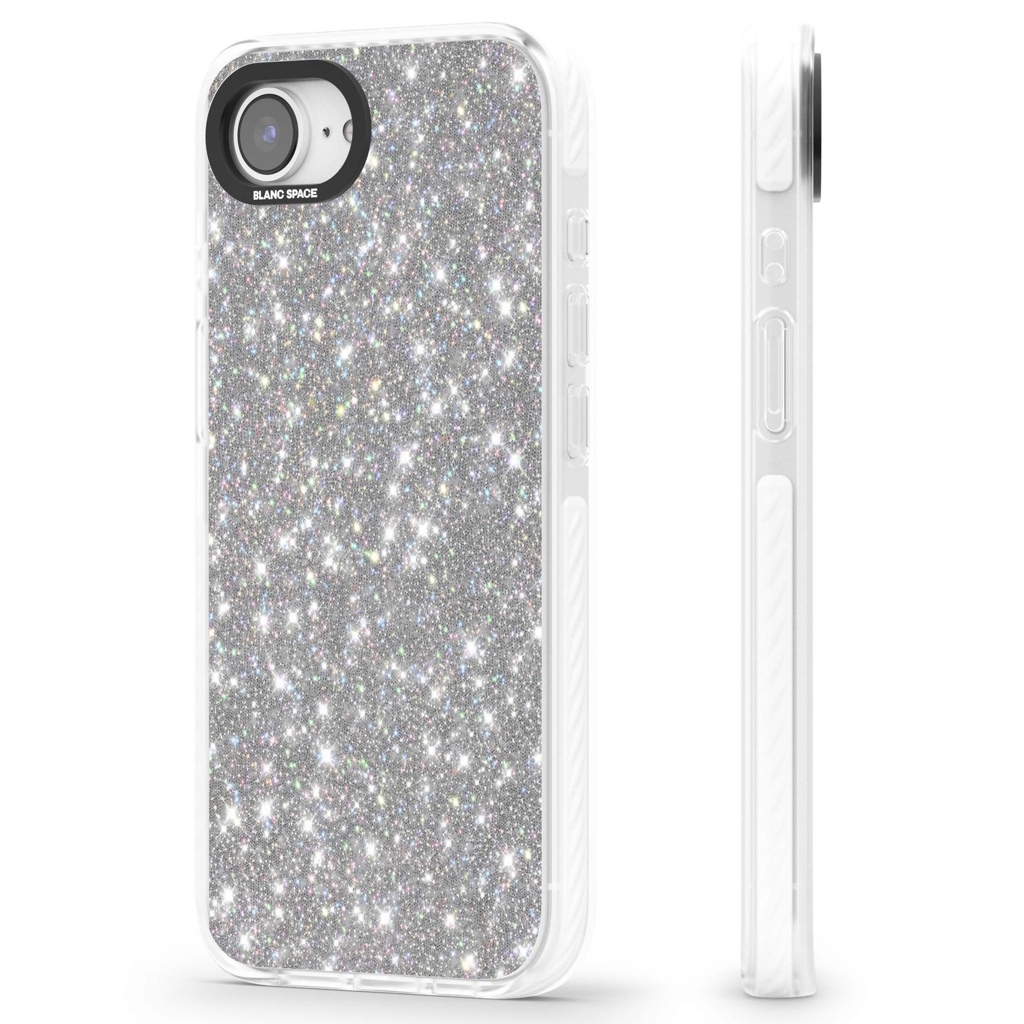 Diamond glam iPhone case featuring silver glitter sparkle and shimmering diamond dust effect | Impact Magsafe case for iPhone 16e, iPhone 17e