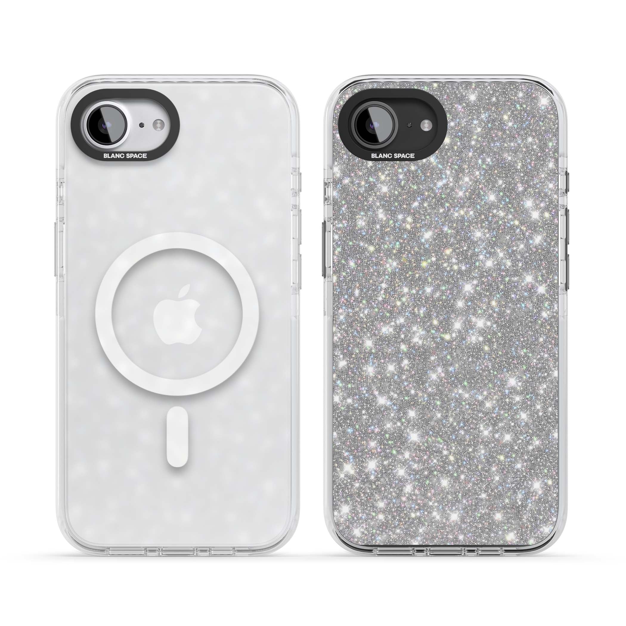 Diamond glam iPhone case featuring silver glitter sparkle and shimmering diamond dust effect | Impact Magsafe case for iPhone 16e, iPhone 17e