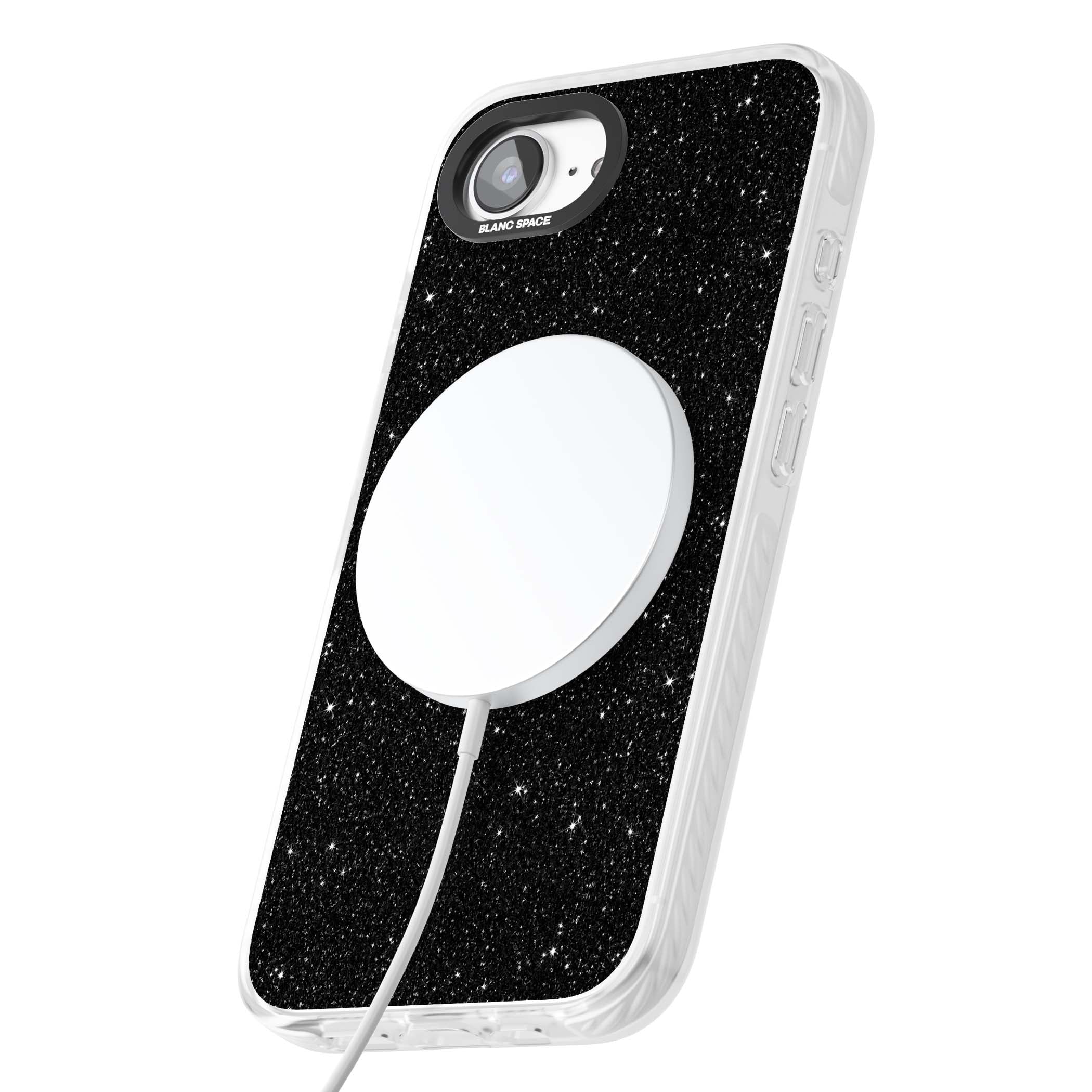 Black Glitter black glitter iPhone case featuring an all-over sparkly shimmer pattern on a jet black base | Impact Magsafe case for iPhone 16e, iPhone 17e