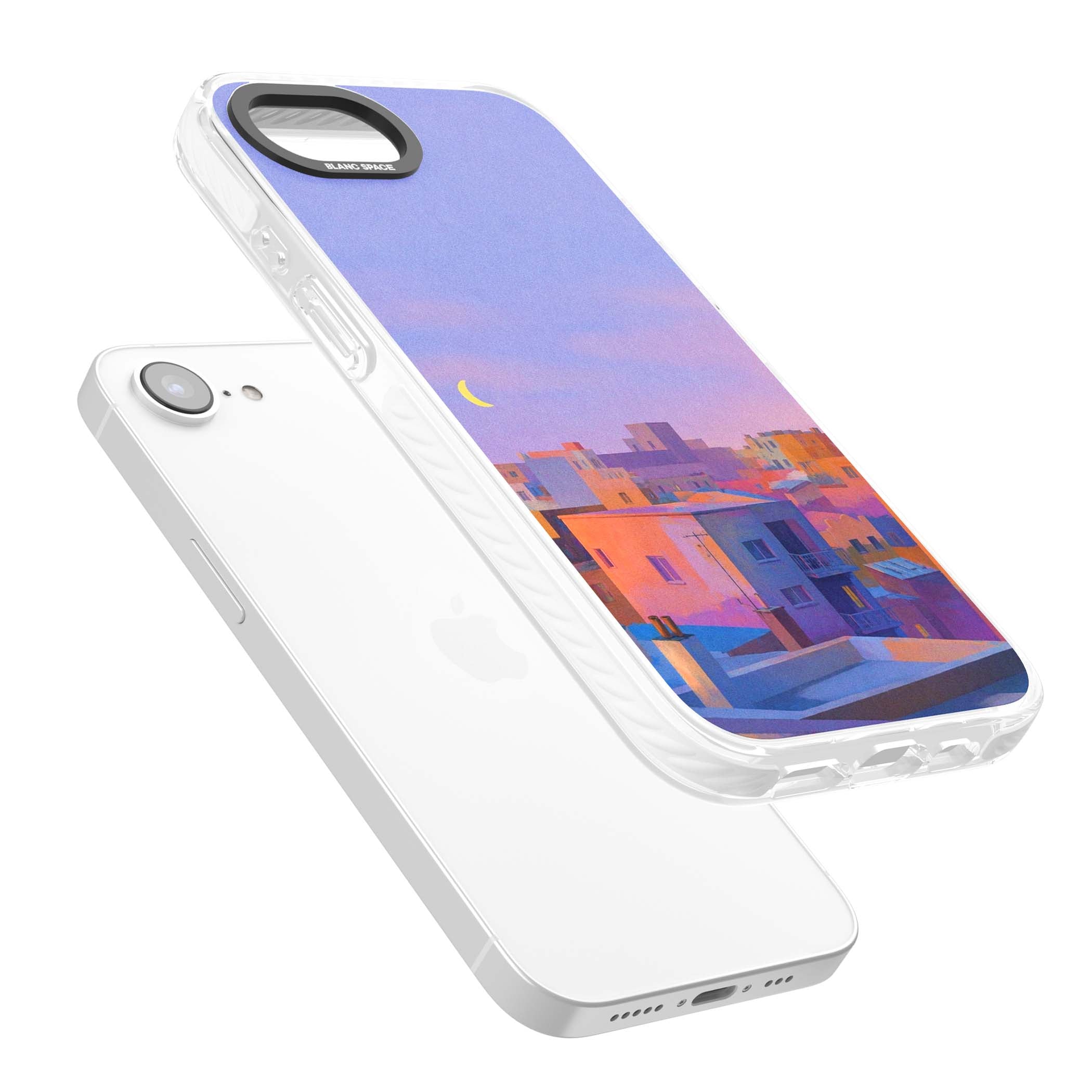 Twilight Rooftops vaporwave iPhone case featuring a pastel sunset cityscape, painted rooftops and a crescent moon. | Impact Magsafe case for iPhone 16e, iPhone 17e