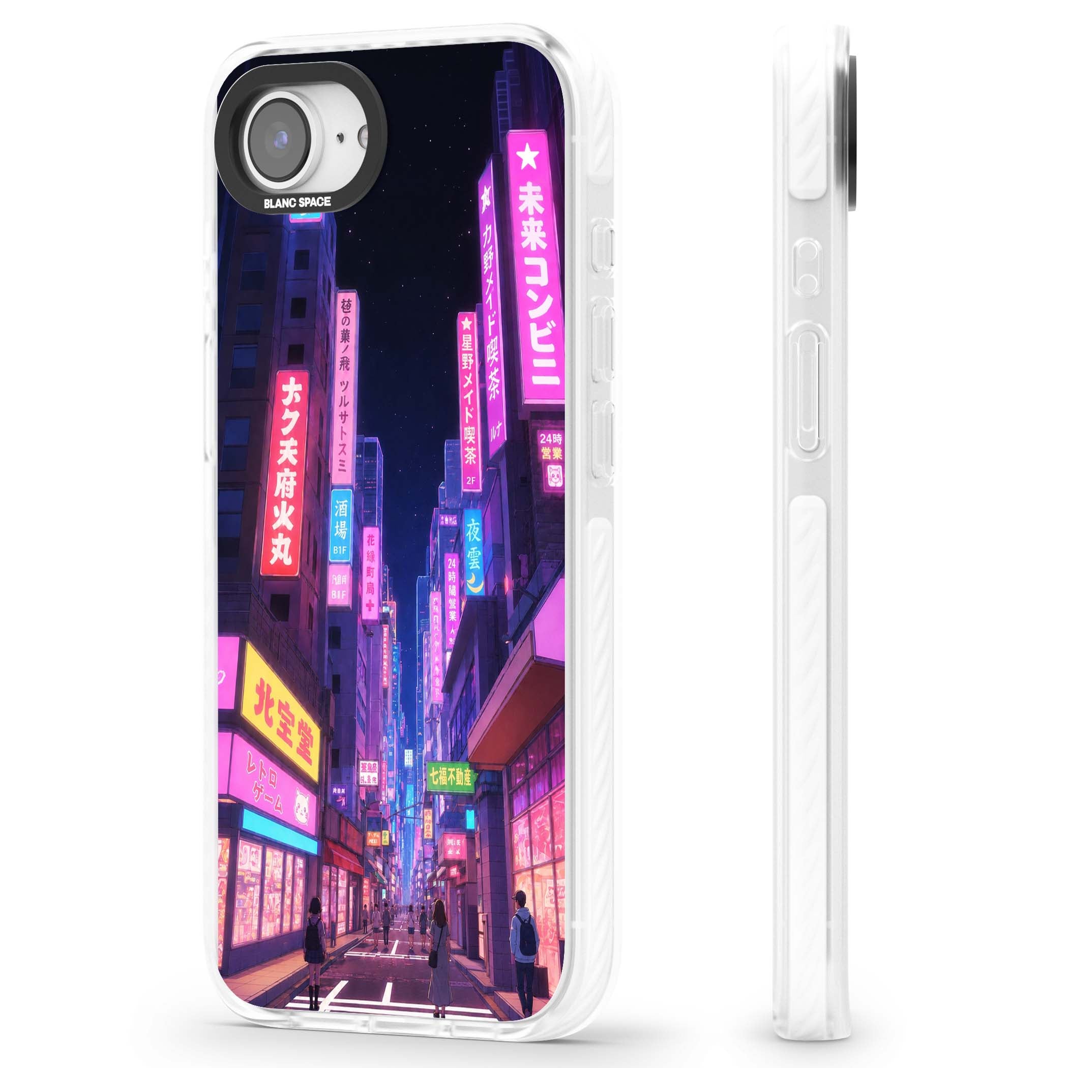 Shibuya At Night Japanese neon city iPhone case featuring glowing kanji signs, pink storefronts and a Tokyo street at n | Impact Magsafe case for iPhone 16e, iPhone 17e