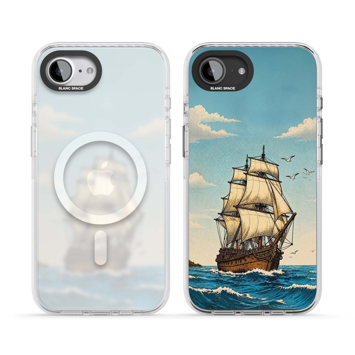 Ship at Sea nautical iPhone case featuring a vintage tall ship, ocean waves and seagulls | Impact Magsafe case for iPhone 16e, iPhone 17e