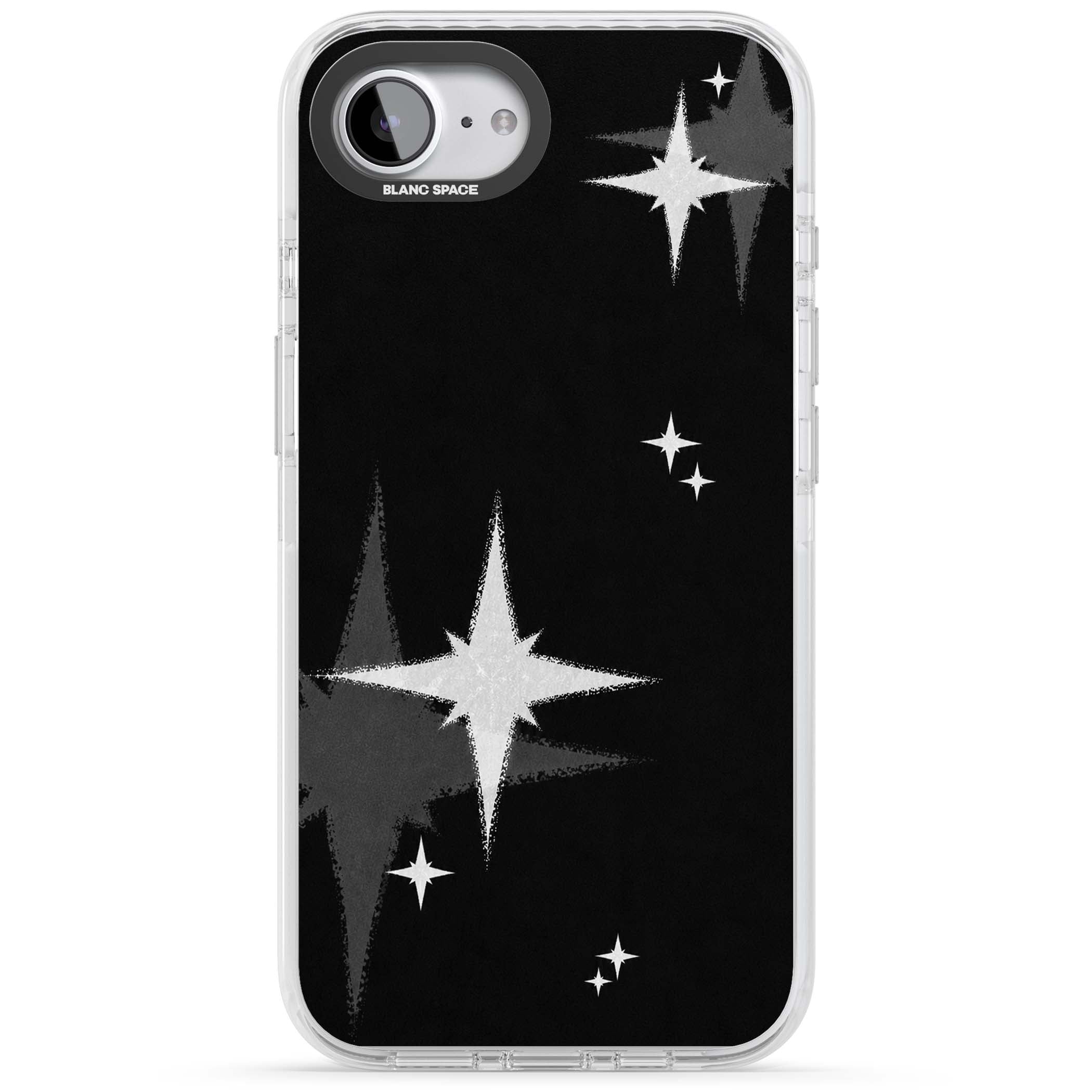 Black Sparkle celestial iPhone case featuring white sparkle stars on a black night sky background | Impact Magsafe case for iPhone 16e, iPhone 17e
