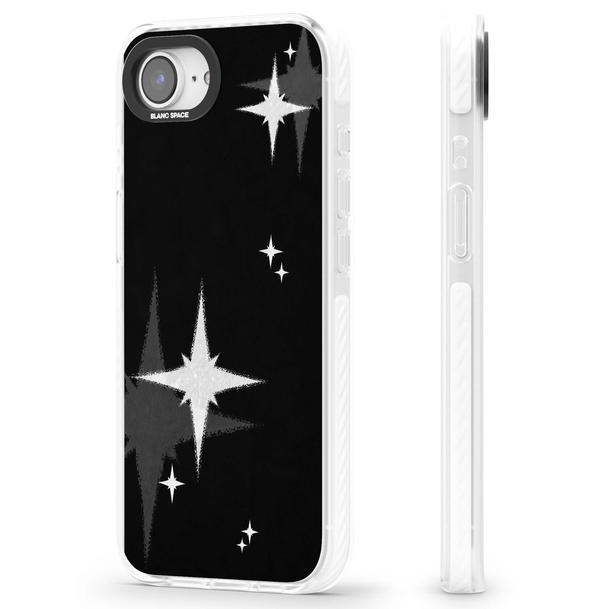 Black Sparkle celestial iPhone case featuring white sparkle stars on a black night sky background | Impact Magsafe case for iPhone 16e, iPhone 17e