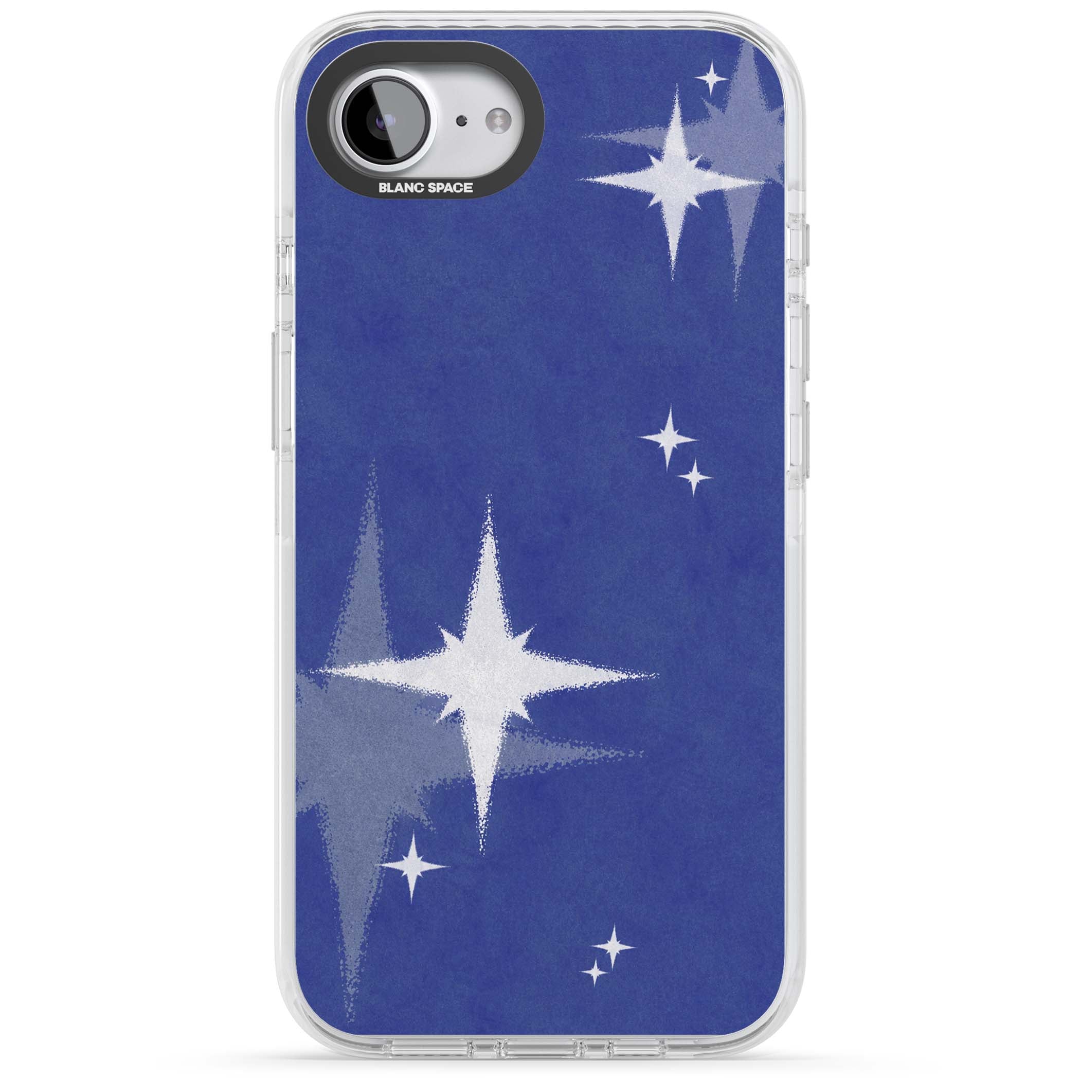 Blue Sparkle celestial iPhone case featuring sparkling silver stars on a deep blue painterly night sky | Impact Magsafe case for iPhone 16e, iPhone 17e