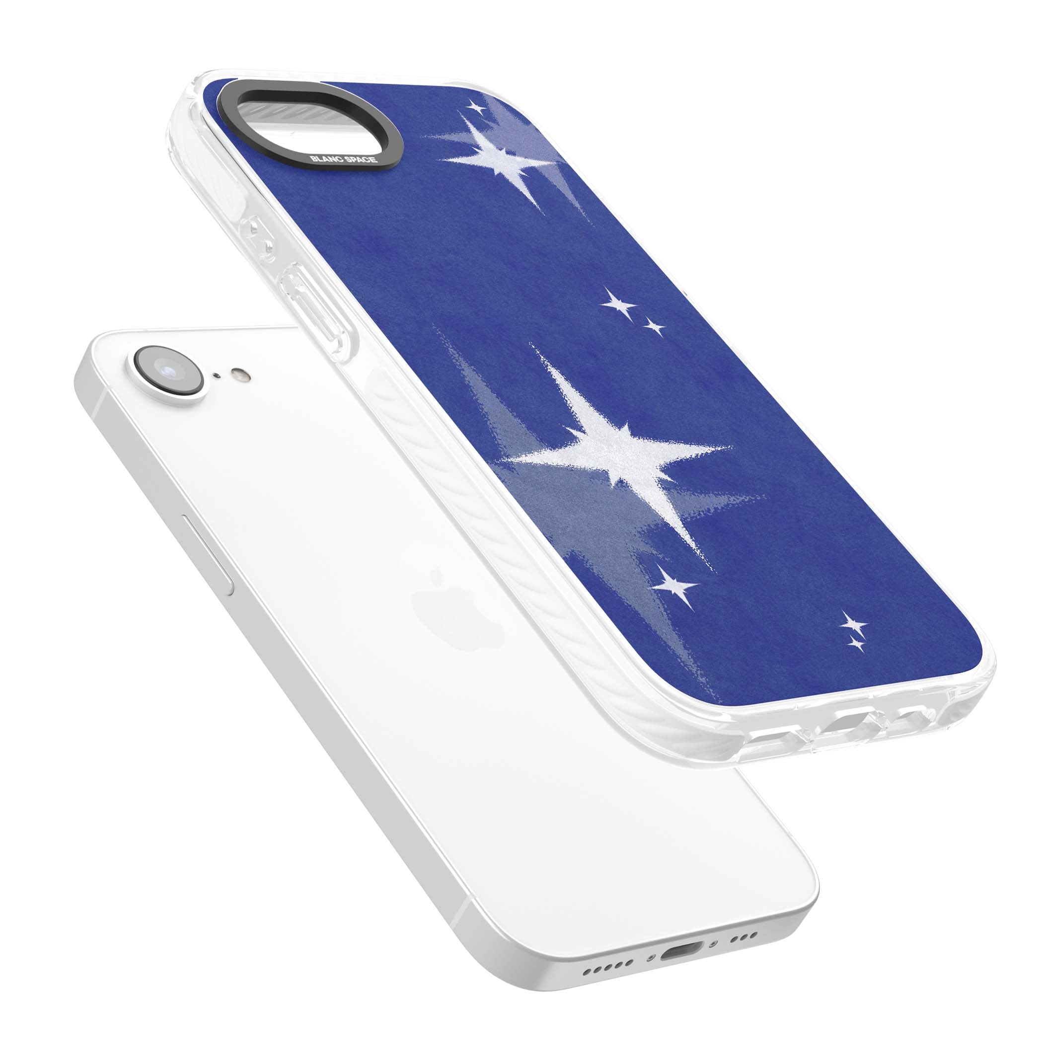 Blue Sparkle celestial iPhone case featuring sparkling silver stars on a deep blue painterly night sky | Impact Magsafe case for iPhone 16e, iPhone 17e