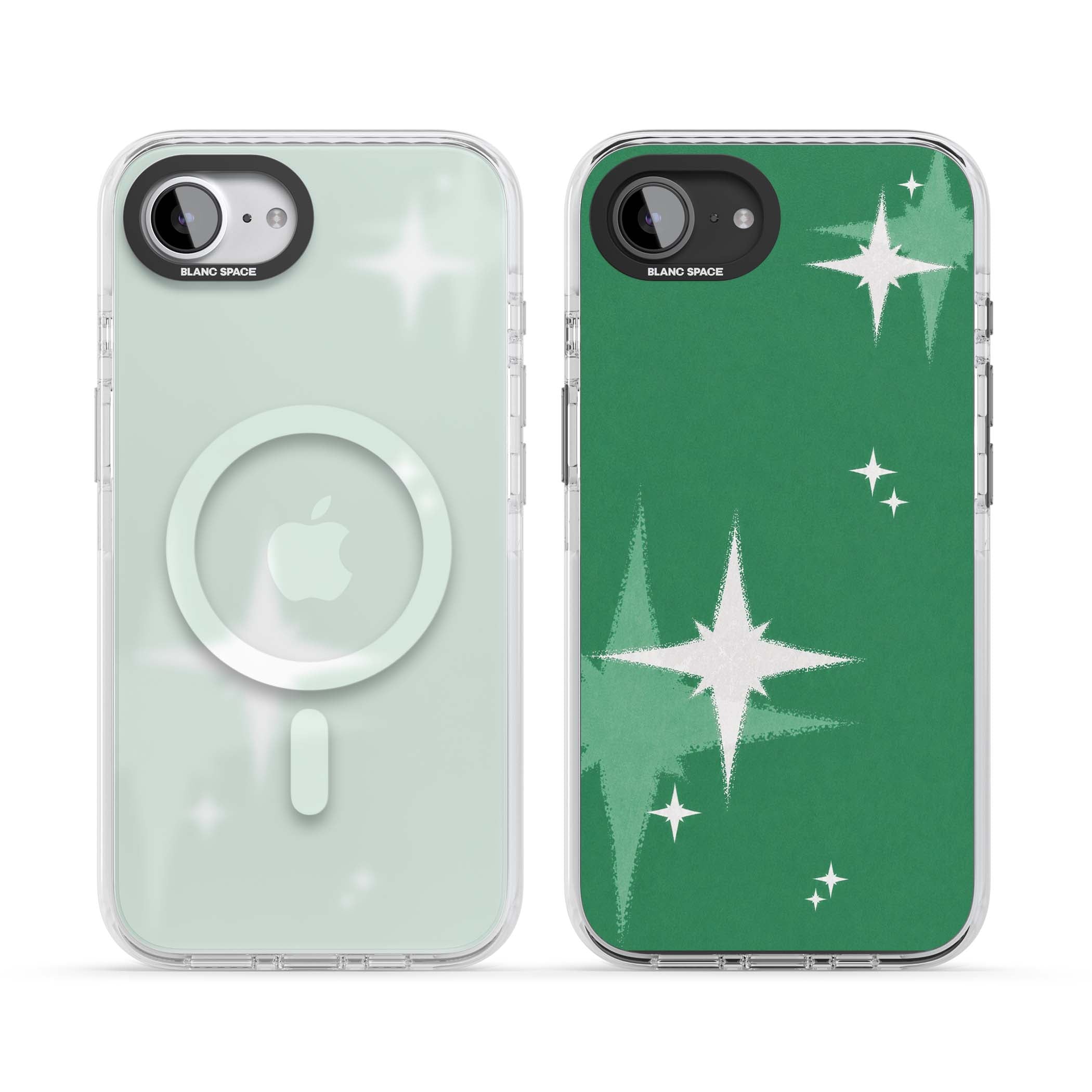 Green Sparkle celestial iPhone case featuring sparkling white four-point stars on a deep green background | Impact Magsafe case for iPhone 16e, iPhone 17e