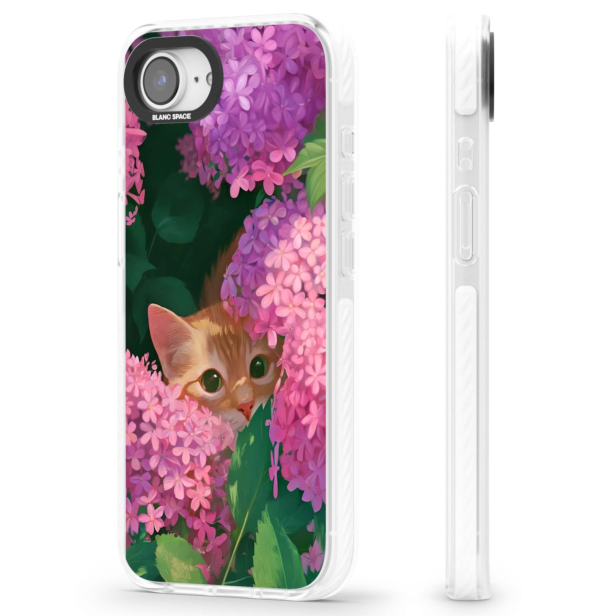 Cat In Pink Flowers cottagecore iPhone case featuring a ginger kitten peeking through lilac and pink hydrangea flo | Impact Magsafe case for iPhone 16e, iPhone 17e