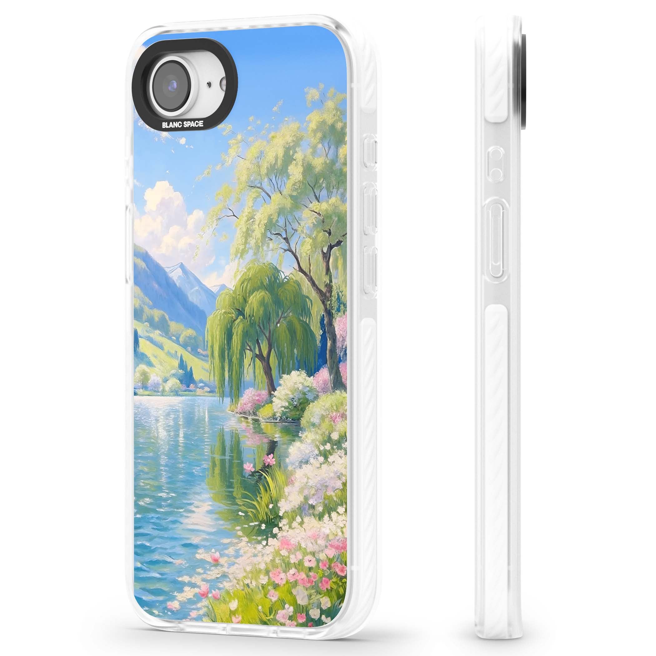 Willow Lake cottagecore iPhone case featuring a painted lakeside with weeping willow, blossoms and distant mountains | Impact Magsafe case for iPhone 16e, iPhone 17e