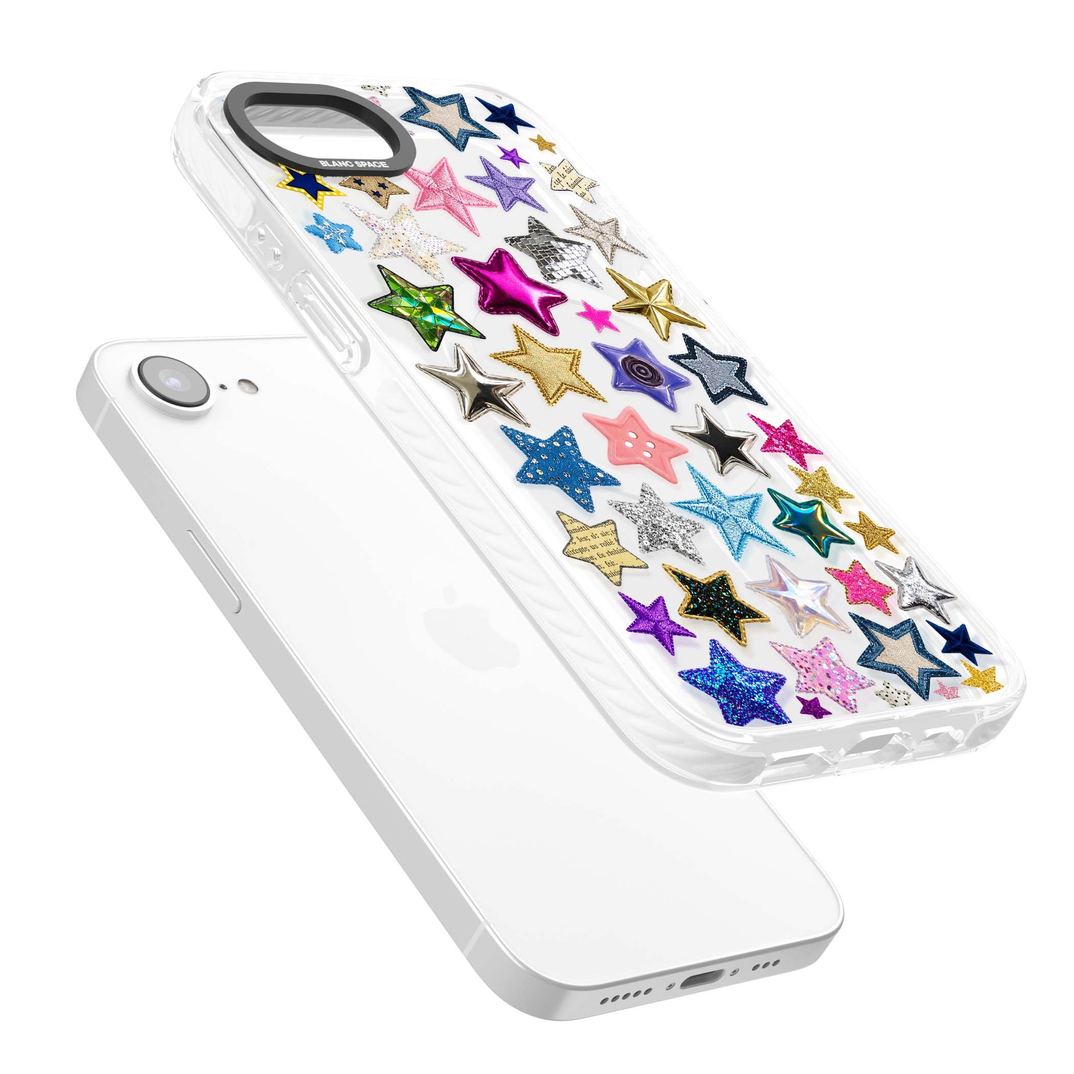 Crafty Star Mix Y2K iPhone case featuring embroidered, sequinned and glitter star patches in rainbow colours | Impact Magsafe case for iPhone 16e, iPhone 17e