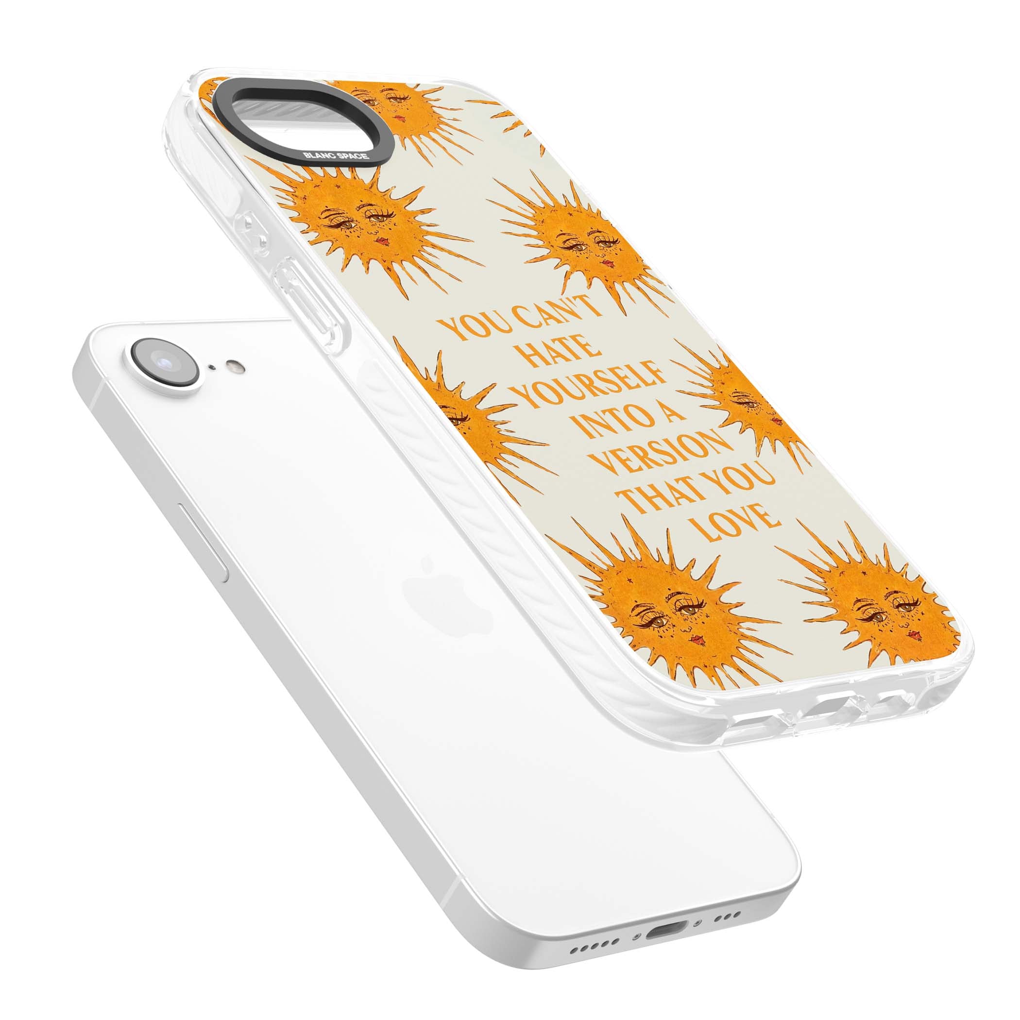 Don't Hate Yourself celestial iPhone case featuring vintage sun faces, ochre rays and a self-love quote | Impact Magsafe case for iPhone 16e, iPhone 17e