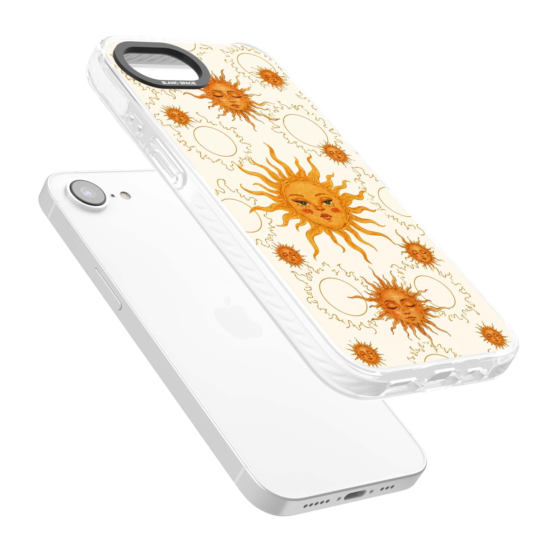 Solstice Muse celestial iPhone case featuring hand-painted golden sun faces, closed-eye sun goddesses and outlined moons... | Impact Magsafe case for iPhone 16e, iPhone 17e