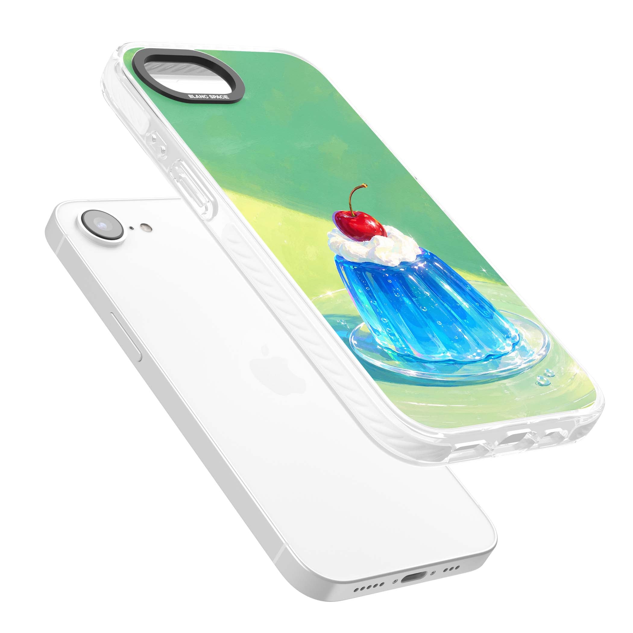 Cherry Jelly kawaii dessert iPhone case featuring blue jelly pudding, whipped cream and a red cherry | Impact Magsafe case for iPhone 16e, iPhone 17e