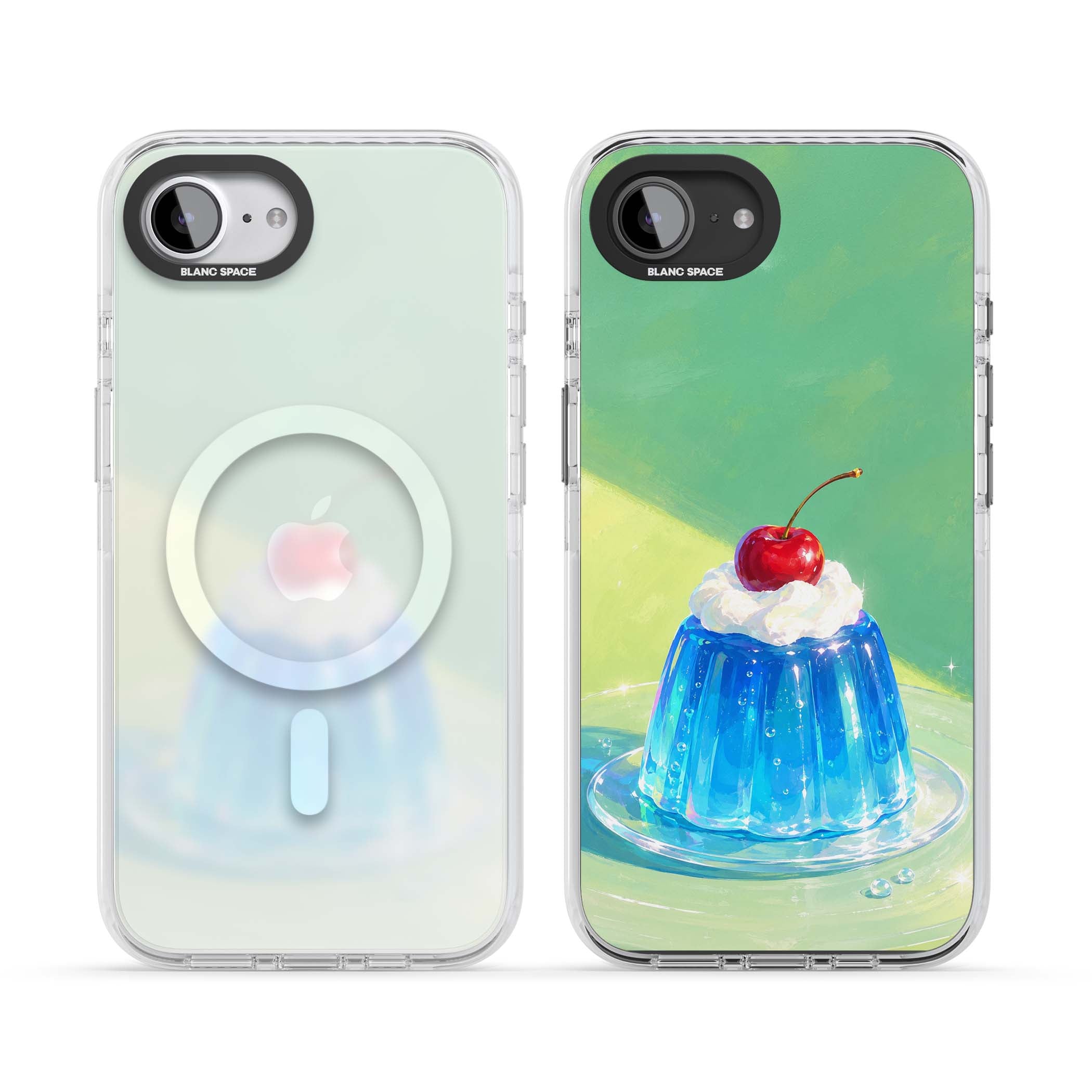 Cherry Jelly kawaii dessert iPhone case featuring blue jelly pudding, whipped cream and a red cherry | Impact Magsafe case for iPhone 16e, iPhone 17e