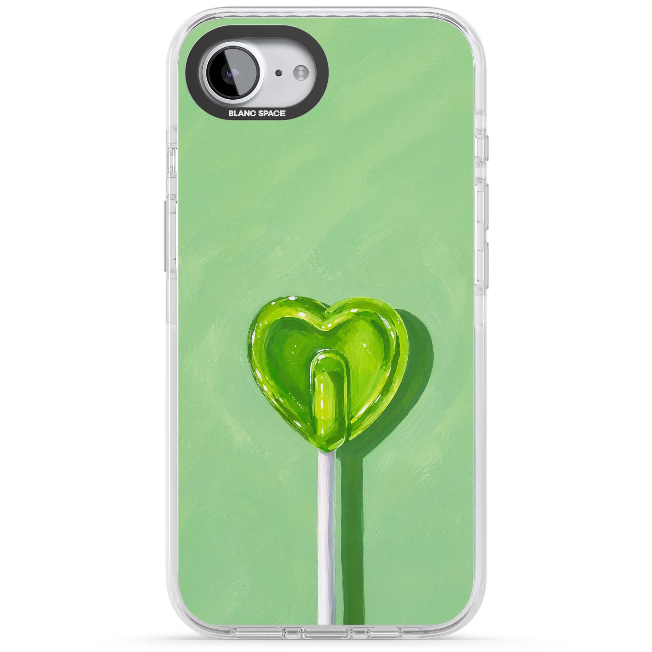 Green Lollipop candy art iPhone case featuring a glossy green heart-shaped lollipop on a painted pastel green background | Impact Magsafe case for iPhone 16e, iPhone 17e