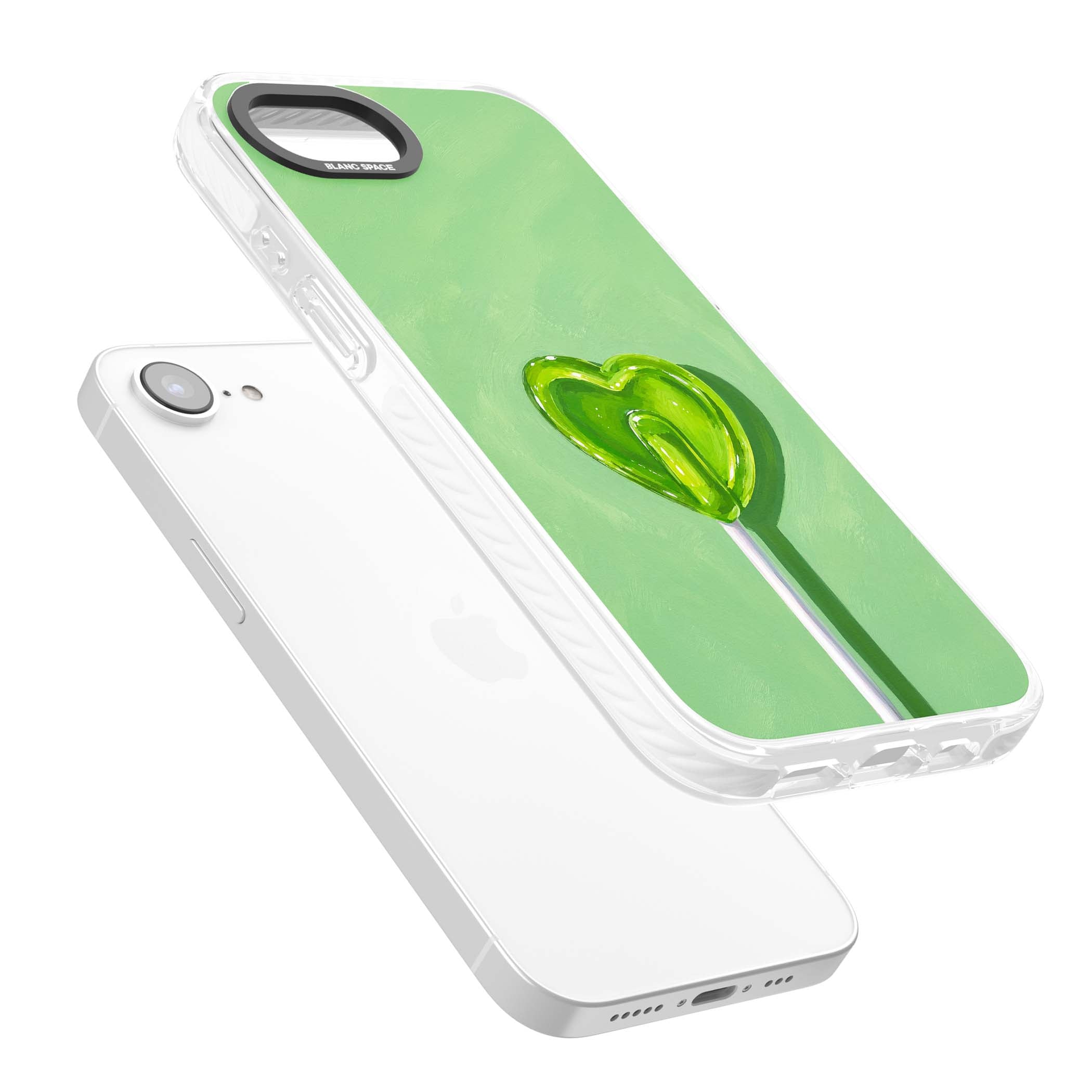 Green Lollipop candy art iPhone case featuring a glossy green heart-shaped lollipop on a painted pastel green background | Impact Magsafe case for iPhone 16e, iPhone 17e
