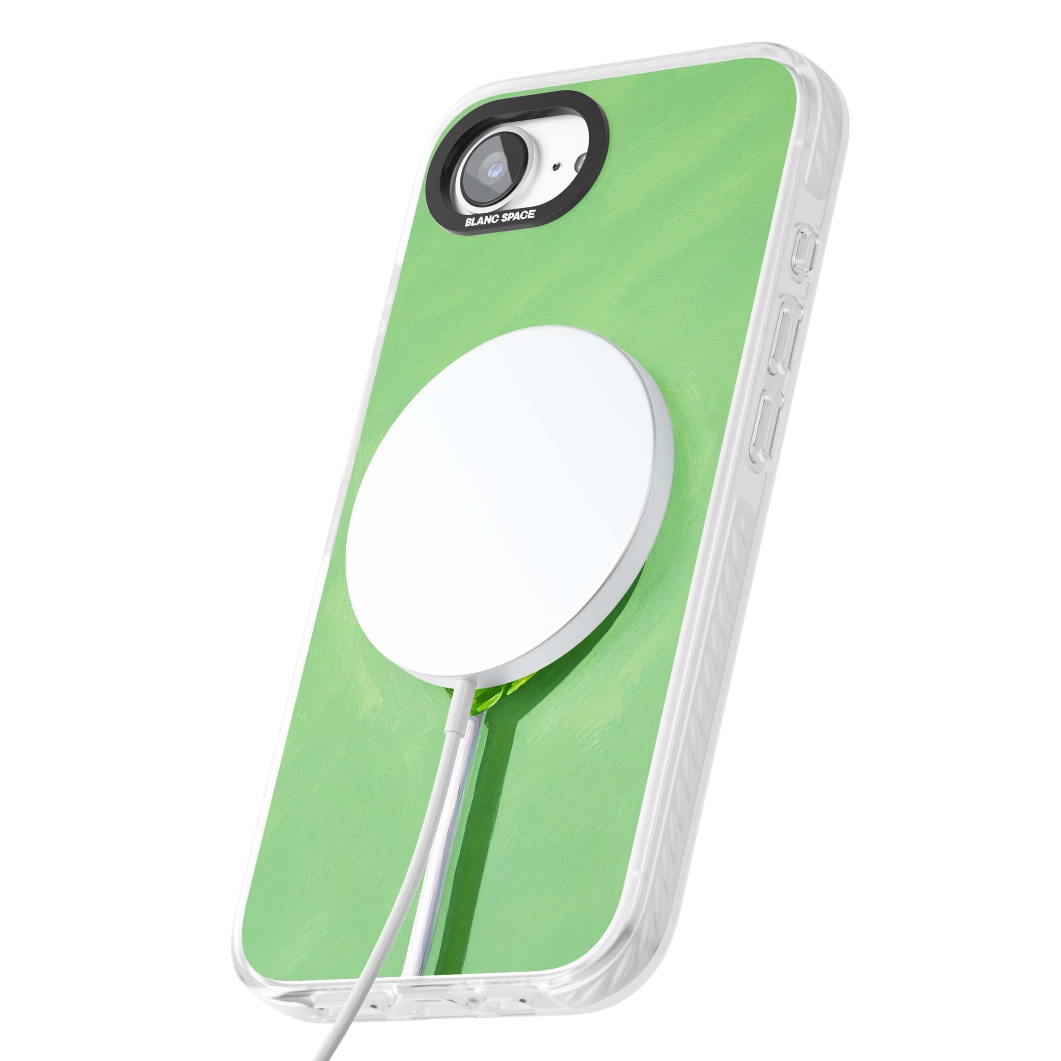 Green Lollipop candy art iPhone case featuring a glossy green heart-shaped lollipop on a painted pastel green background | Impact Magsafe case for iPhone 16e, iPhone 17e