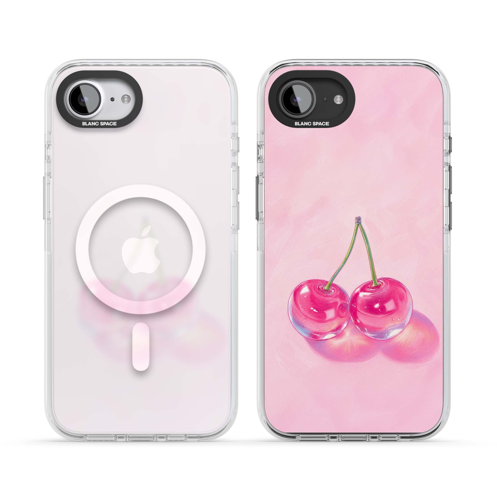 Pink Glass Cherry coquette iPhone case featuring two glossy painted cherries on a soft pink background | Impact Magsafe case for iPhone 16e, iPhone 17e